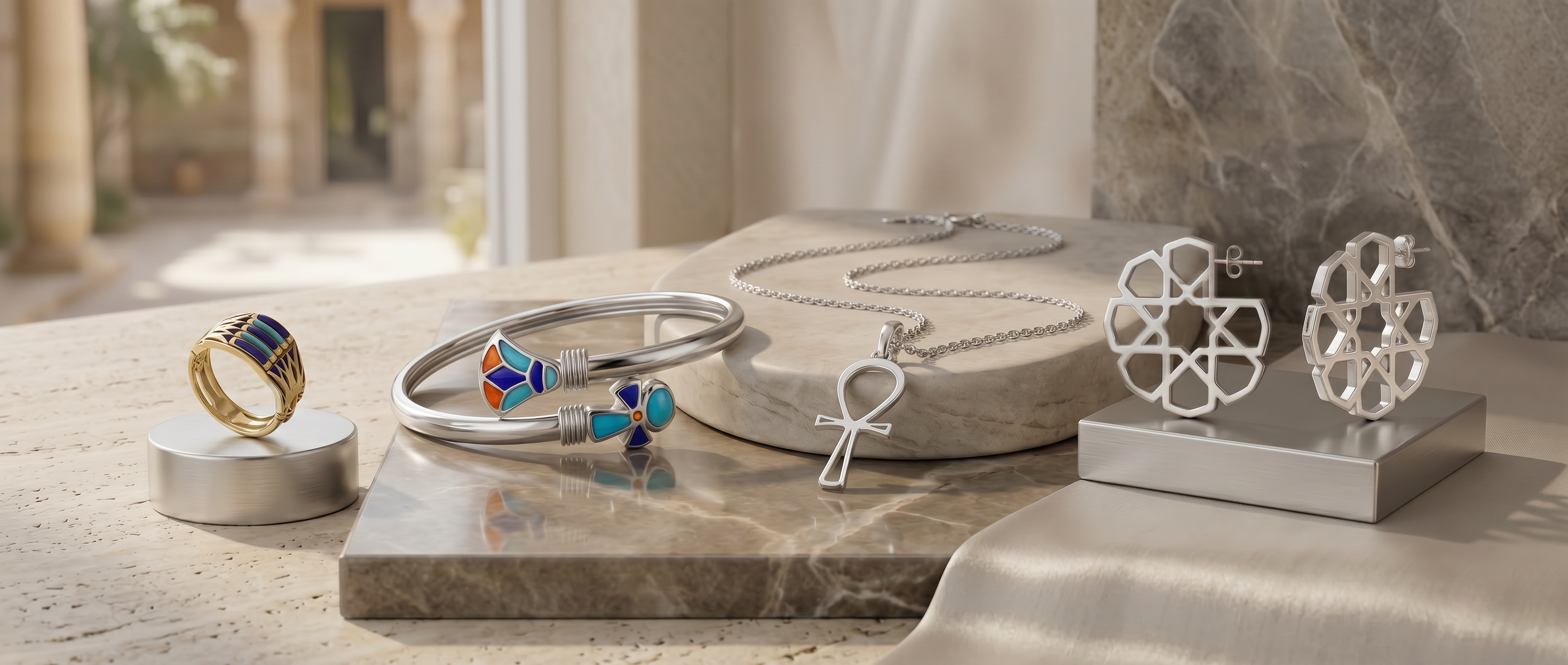 Luxury women’s sterling silver jewelry collection featuring handcrafted rings, bracelets, necklaces, and earrings by Saad of Egypt.