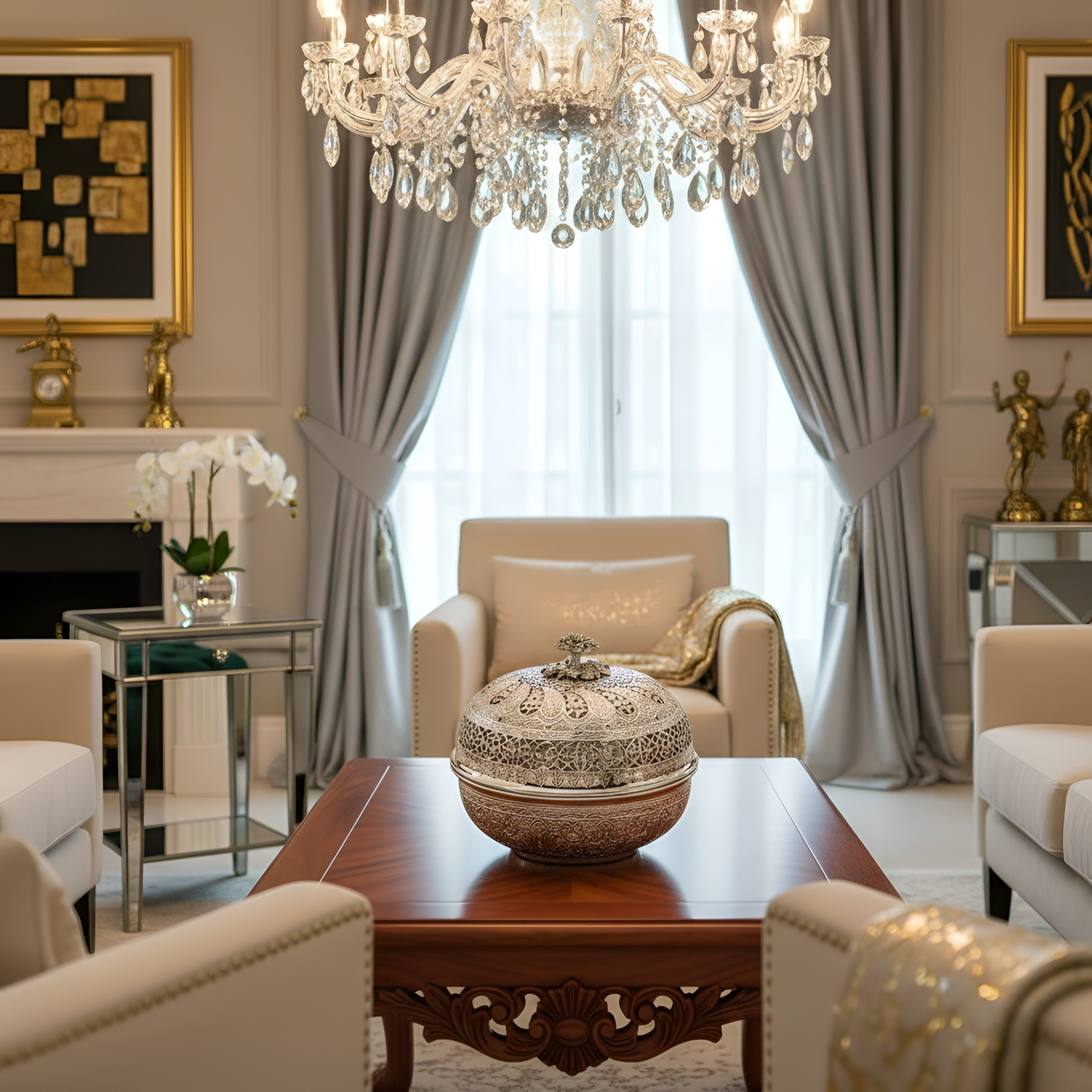 Luxury Al Andalus sphere box by Saad of Egypt crafted in 900 premium silver displayed in an elegant living room with timeless sophisticated décor.