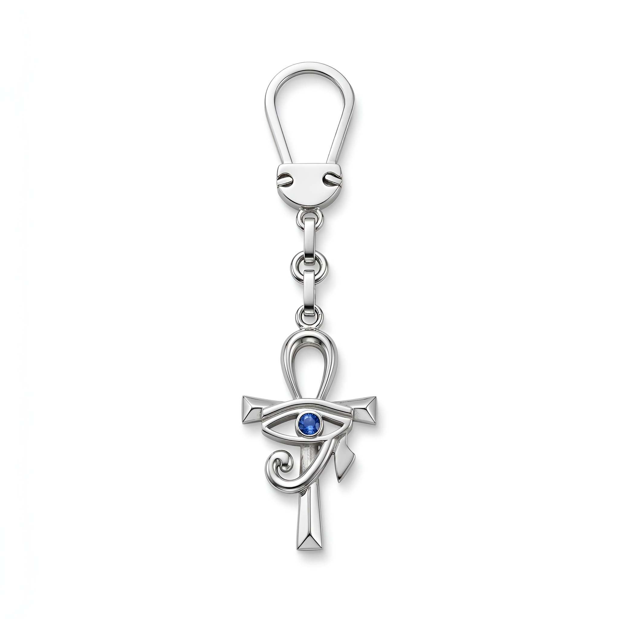 Handcrafted Amethyst Eye of Horus and Ankh keychain in 925 sterling silver featuring symbolic ancient Egyptian motifs with elegant amethyst detailing. Handmade luxury men’s accessory and meaningful gift by Saad of Egypt.