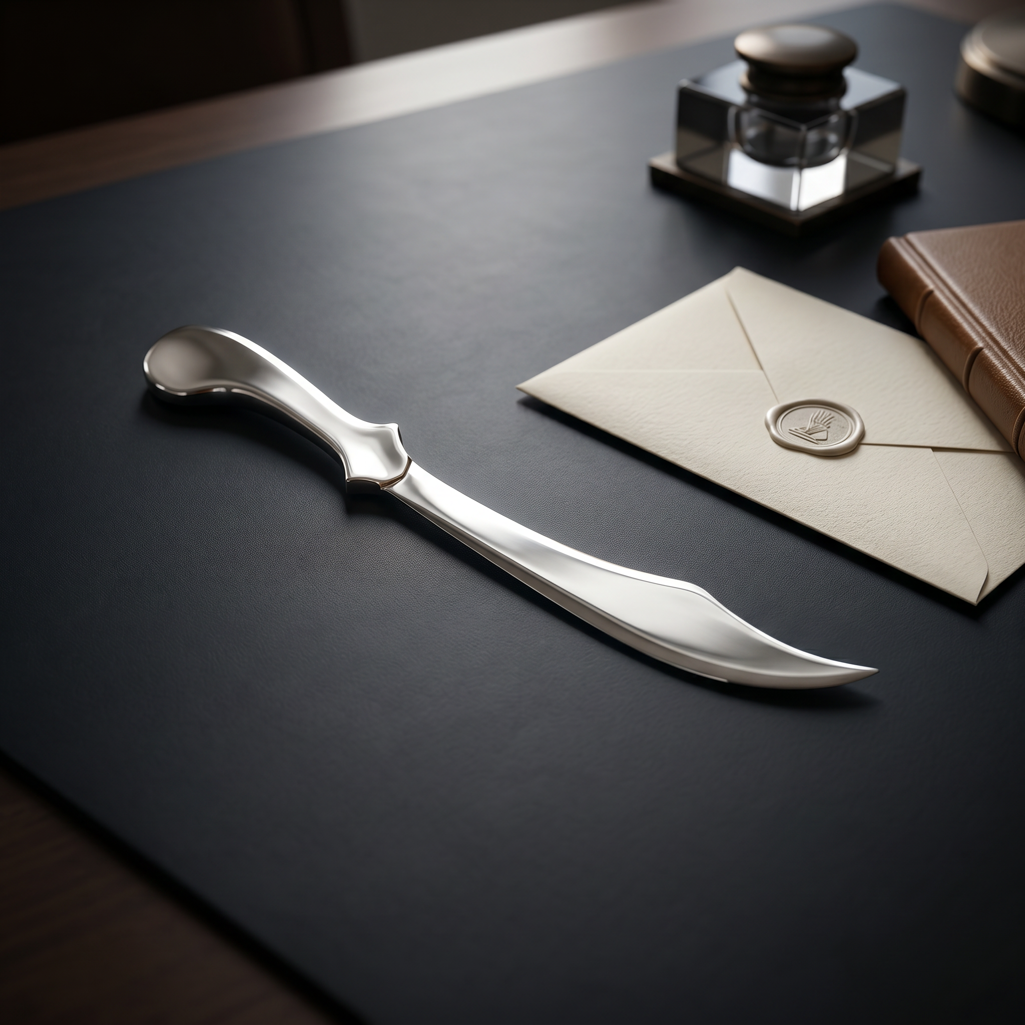 Handcrafted 925 sterling silver Arabian sword letter opener inspired by traditional Middle Eastern elegance, designed as a refined desk accessory by Saad of Egypt.