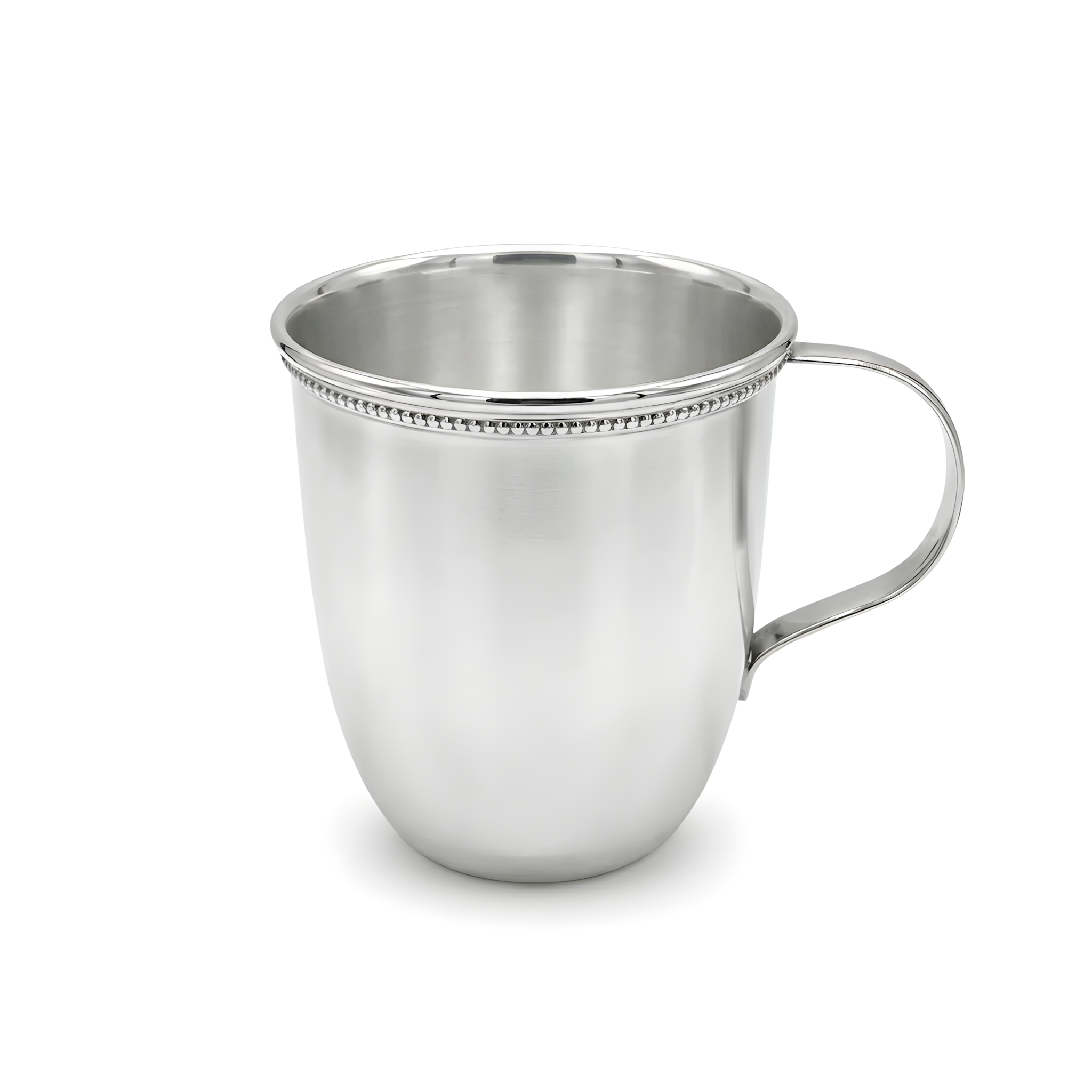 A finely crafted 925 sterling silver baby cup with a delicate handle and smooth finish, designed with timeless simplicity, a meaningful baby gift.