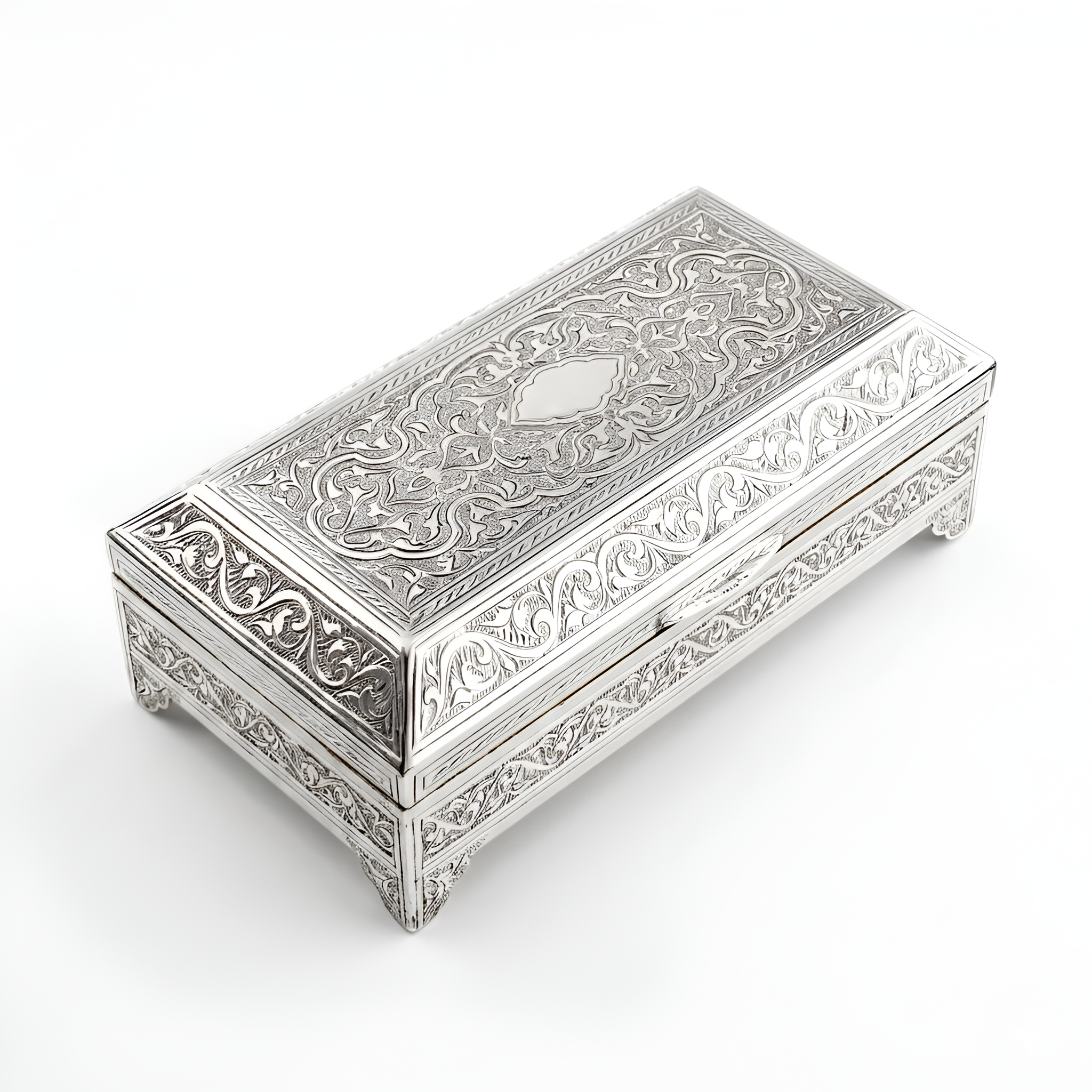 Handcrafted Botanical Keepsake Box in 900 premium silver featuring intricate floral engravings and refined ornamental detailing. Elegant home décor and luxurious gift piece crafted with timeless artistry by Saad of Egypt.