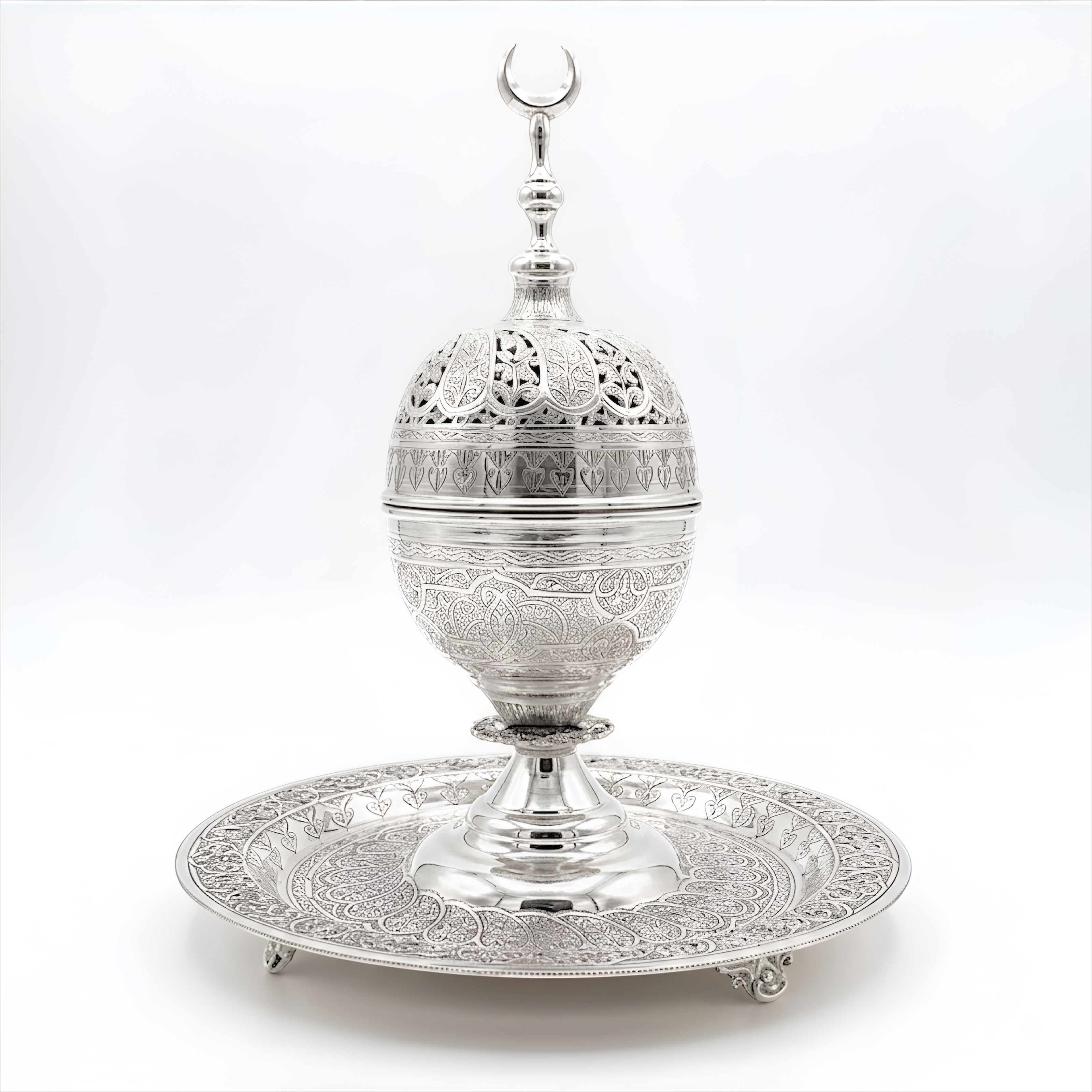 Handcrafted celestial silver incense burner with intricate engraved detailing and matching decorative tray, created as an elegant luxury home décor and silver gift piece by Saad of Egypt.