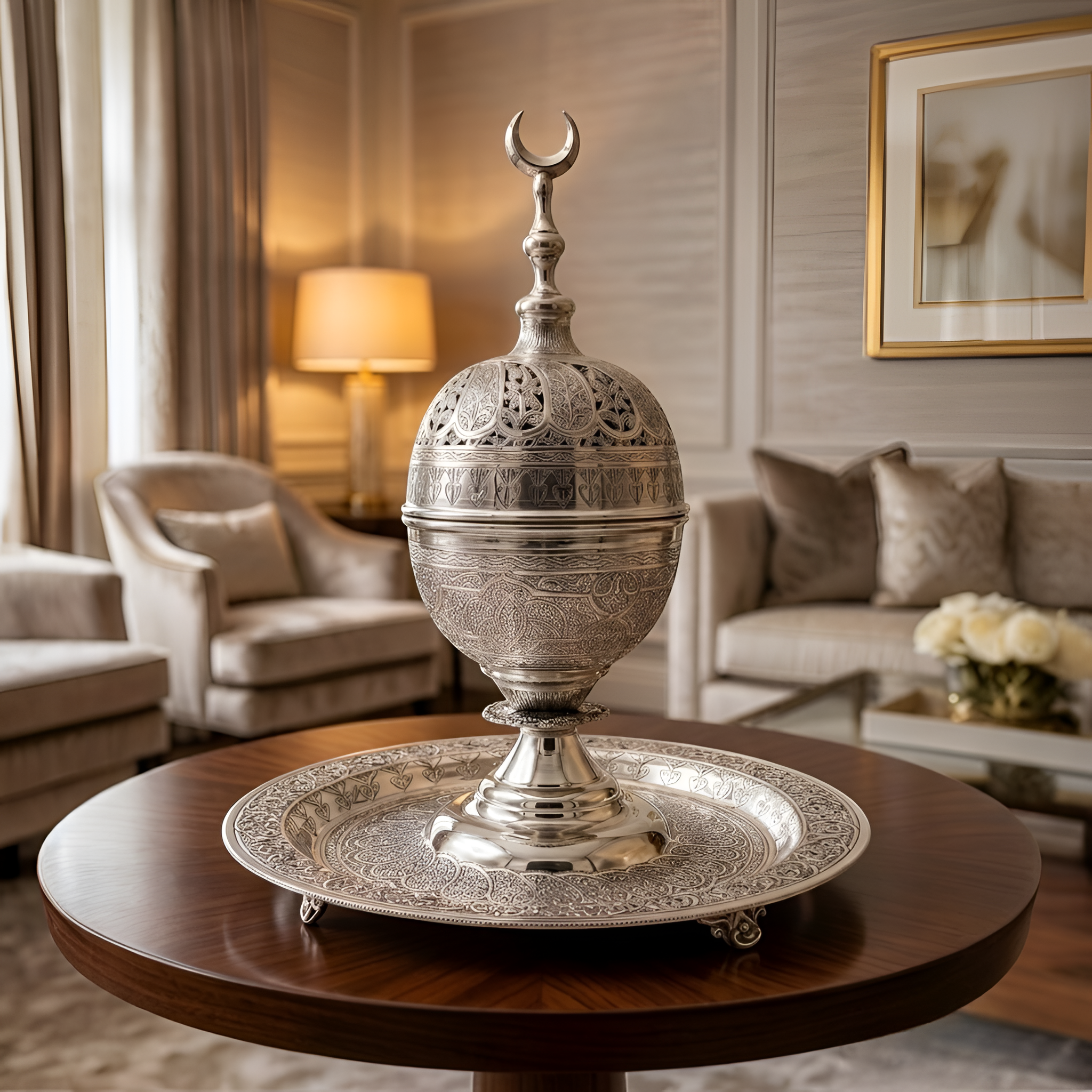Handcrafted celestial silver incense burner displayed in an elegant luxury living room setting, featuring intricate engraved detailing and timeless craftsmanship designed for sophisticated home décor and luxury silver gifting by Saad of Egypt.