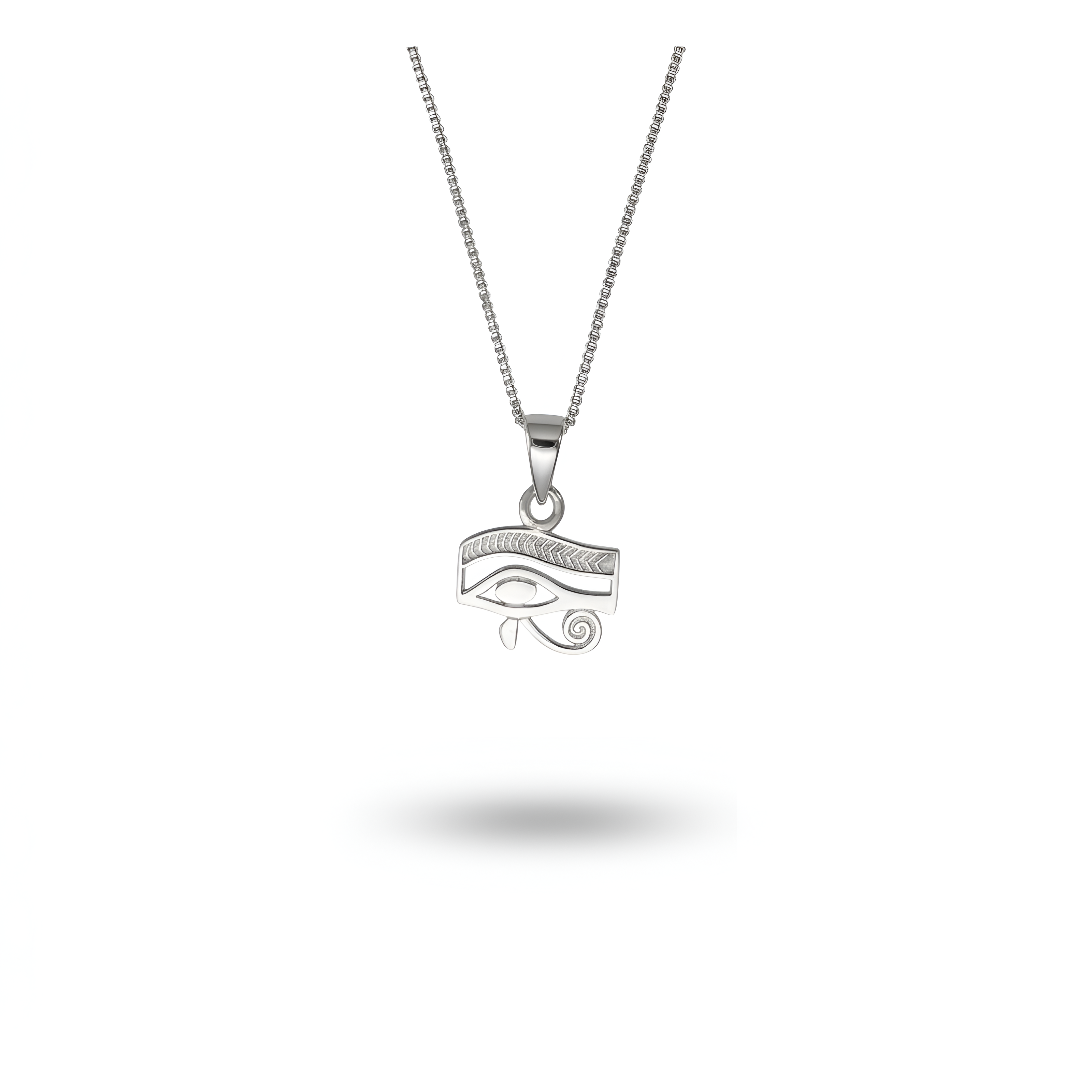 A refined 925 sterling silver Eye of Horus pendant with a classic minimalist design, inspired by ancient Egyptian symbolism of protection and clarity, crafted to embody timeless elegance and everyday wear, a meaningful jewelry gift for women by Saad of Egypt.