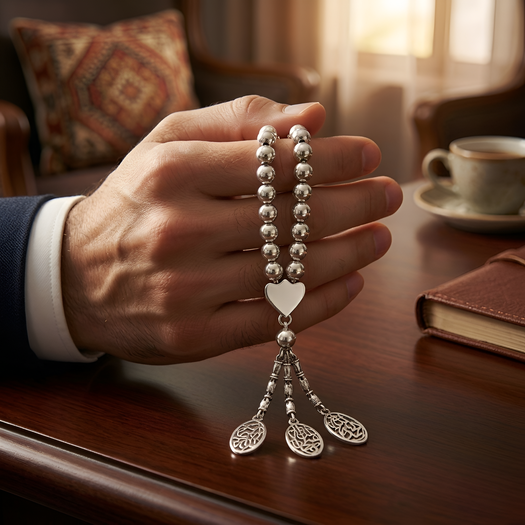 Handcrafted His prayer beads in 925 sterling silver styled for the modern gentleman, featuring polished silver beads and intricate Islamic details. Elegant handmade men’s accessory and meaningful luxury gift by Saad of Egypt.