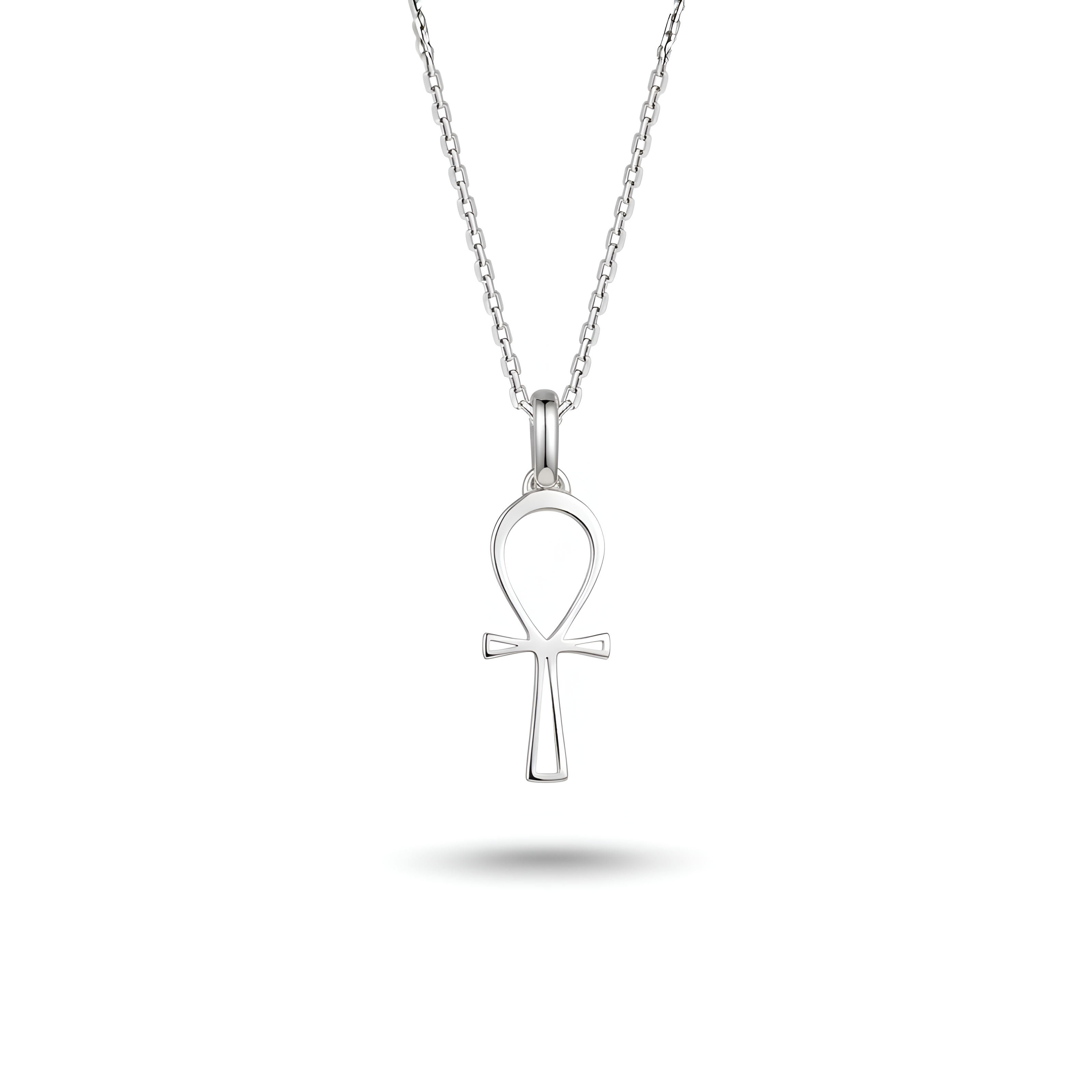 A minimalist 925 sterling silver ankh pendant featuring a hollow design that highlights the timeless symbol of life, crafted with clean lines to reflect spiritual meaning and modern elegance, a meaningful jewelry gift for women by Saad of Egypt.