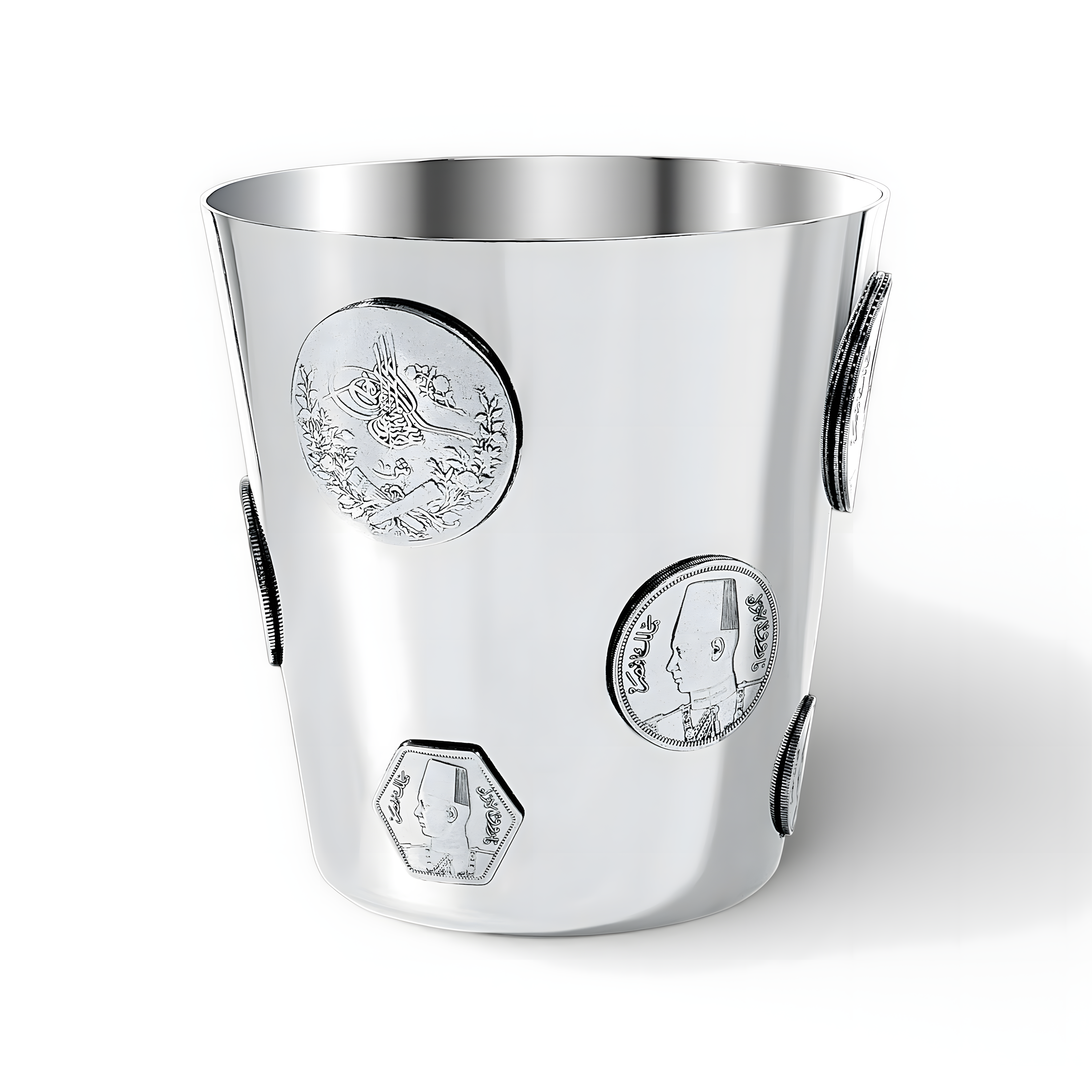 Side view of handcrafted 925 sterling silver cup featuring authentic coins from royal era, luxury Egyptian craftmanship gift by Saad of Egypt