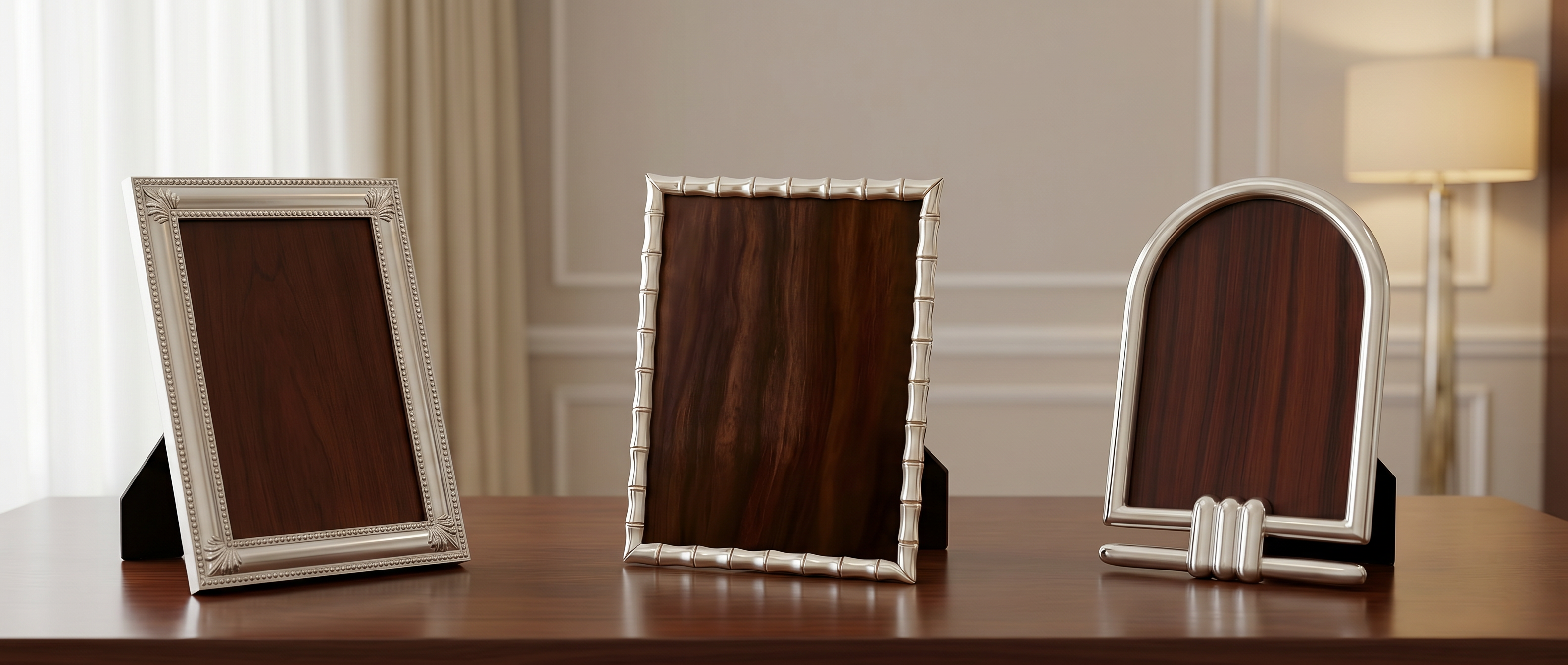 Luxury picture frames by Saad of Egypt crafted in 900 premium silver featuring elegant handcrafted designs displayed in a sophisticated interior setting.