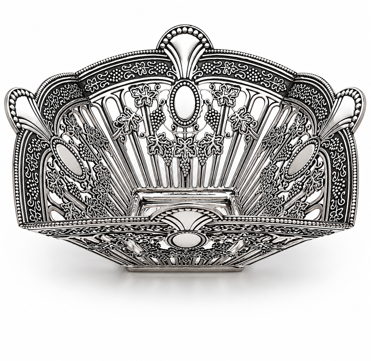 Front angle view of the ornate royal silver serving bowl with detailed handcrafted engravings and elegant curved silhouette, crafted as a premium luxury silver gift piece.