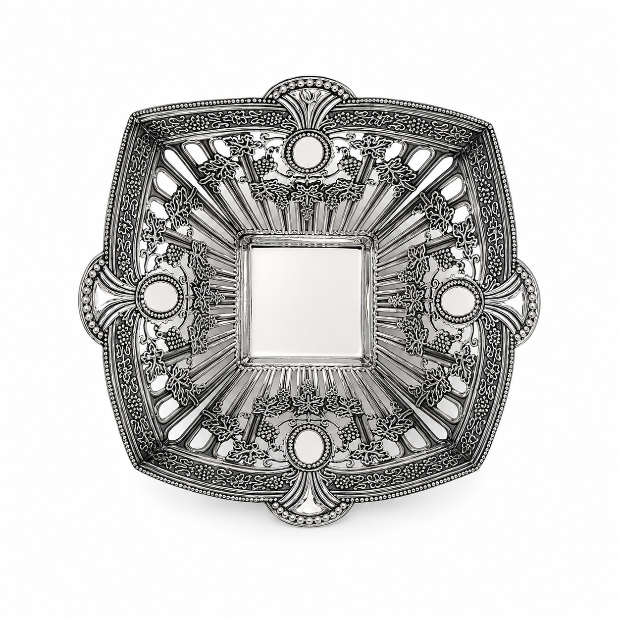 Top view of handcrafted royal silver serving bowl featuring symmetrical engraved decorative patterns and premium silver craftsmanship, designed for elegant luxury gifting.