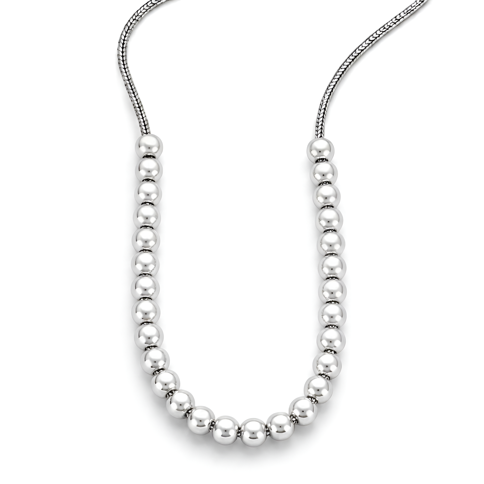 Elegant handcrafted 925 sterling silver sphere necklace featuring polished graduated silver beads on a delicate chain, designed for timeless everyday elegance, luxury styling, and sophisticated silver gift collections by Saad of Egypt.