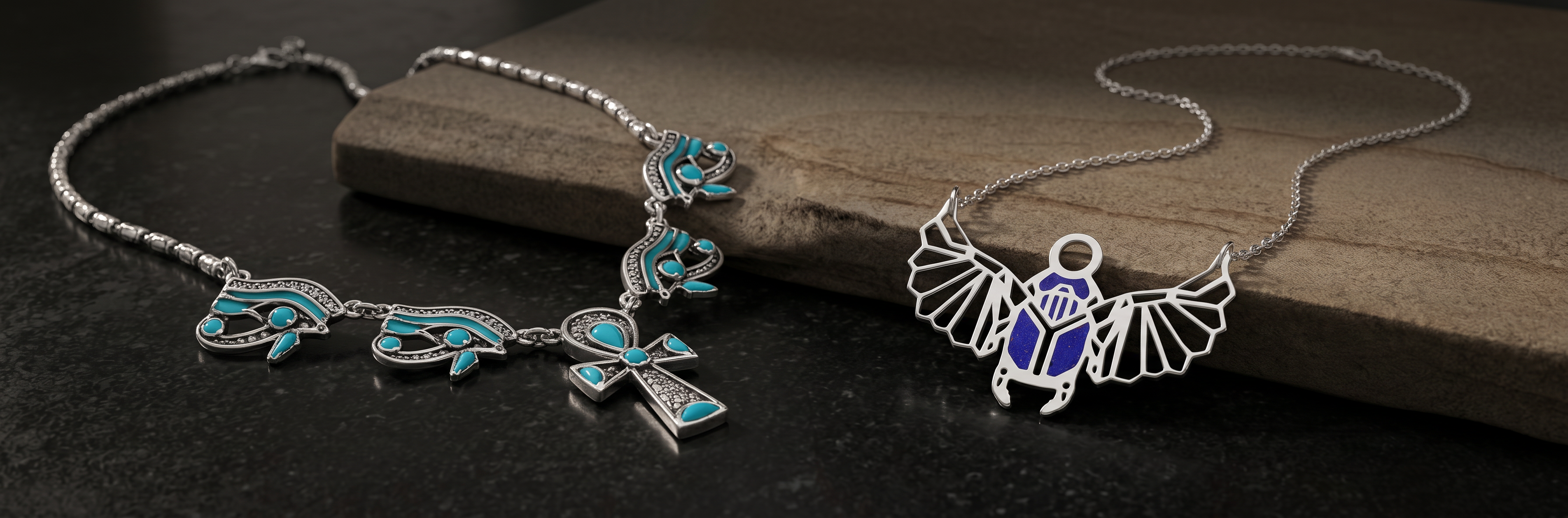 Artistic 925 sterling silver necklaces by Saad of Egypt featuring symbolic handcrafted pendants with vibrant luxury detailing.