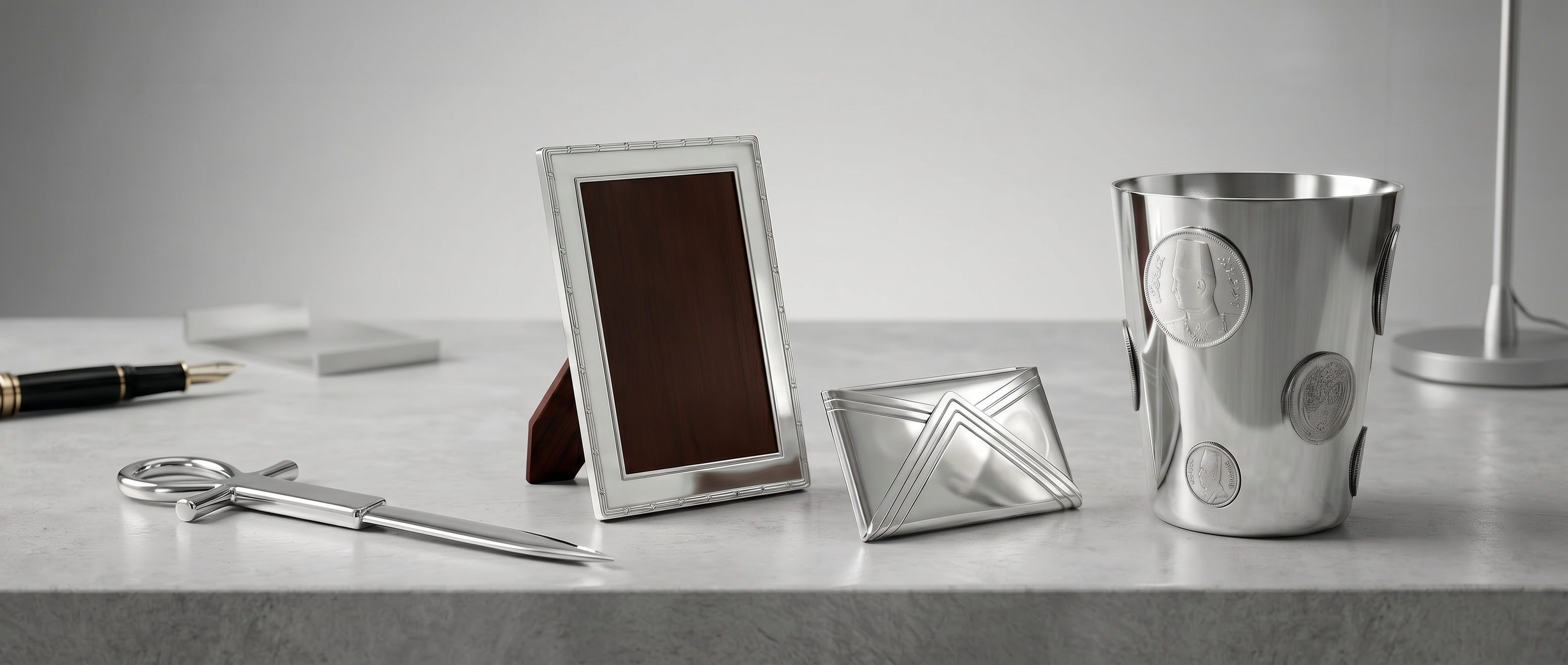 Sophisticated office gift collection by Saad of Egypt featuring handcrafted premium sterling silver accessories for elegant executive and professional spaces.