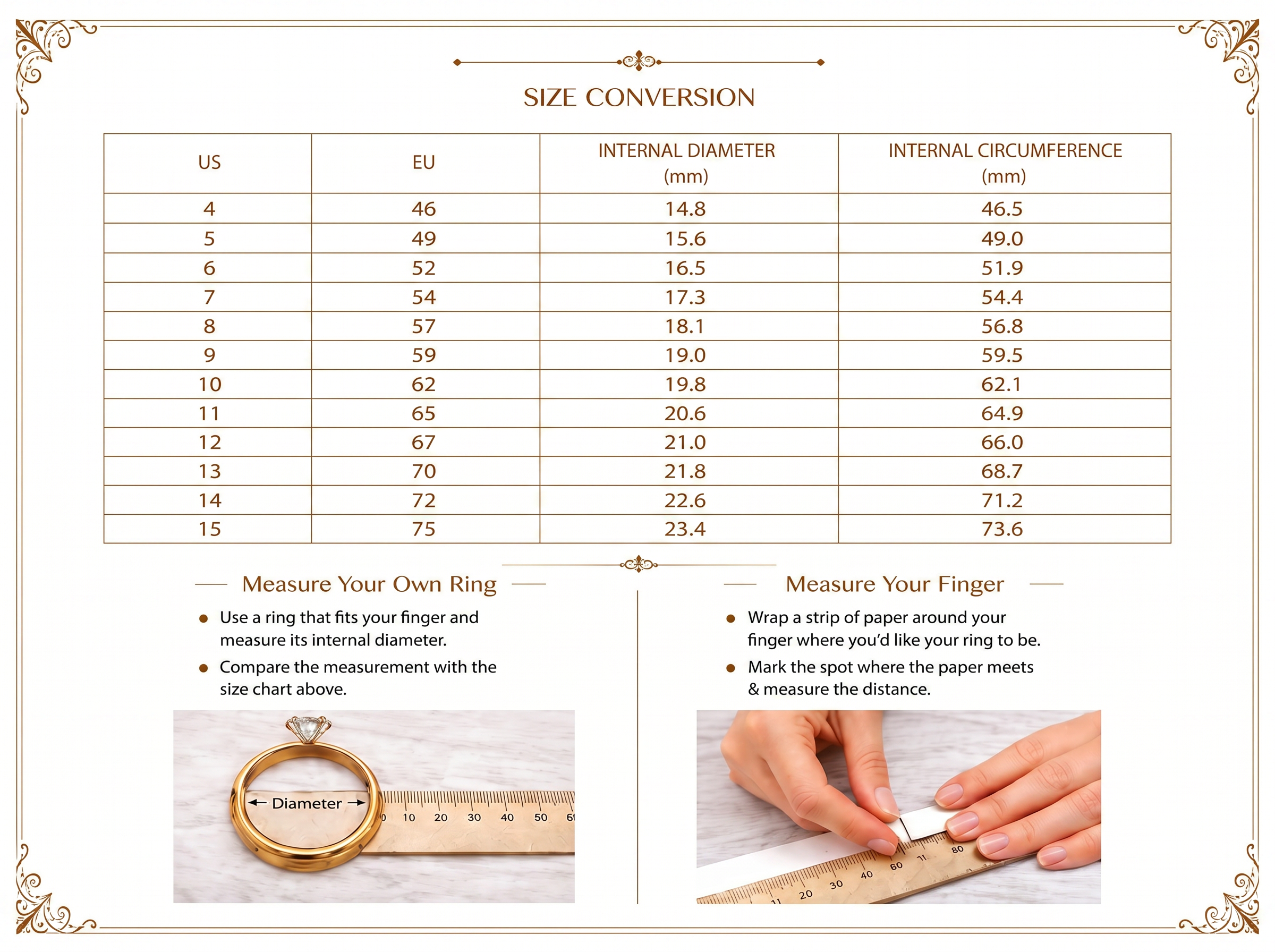 Detailed ring size guide chart by Saad of Egypt showing US and EU sizes with internal diameter and circumference measurements, along with step-by-step instructions to measure your finger or ring accurately.