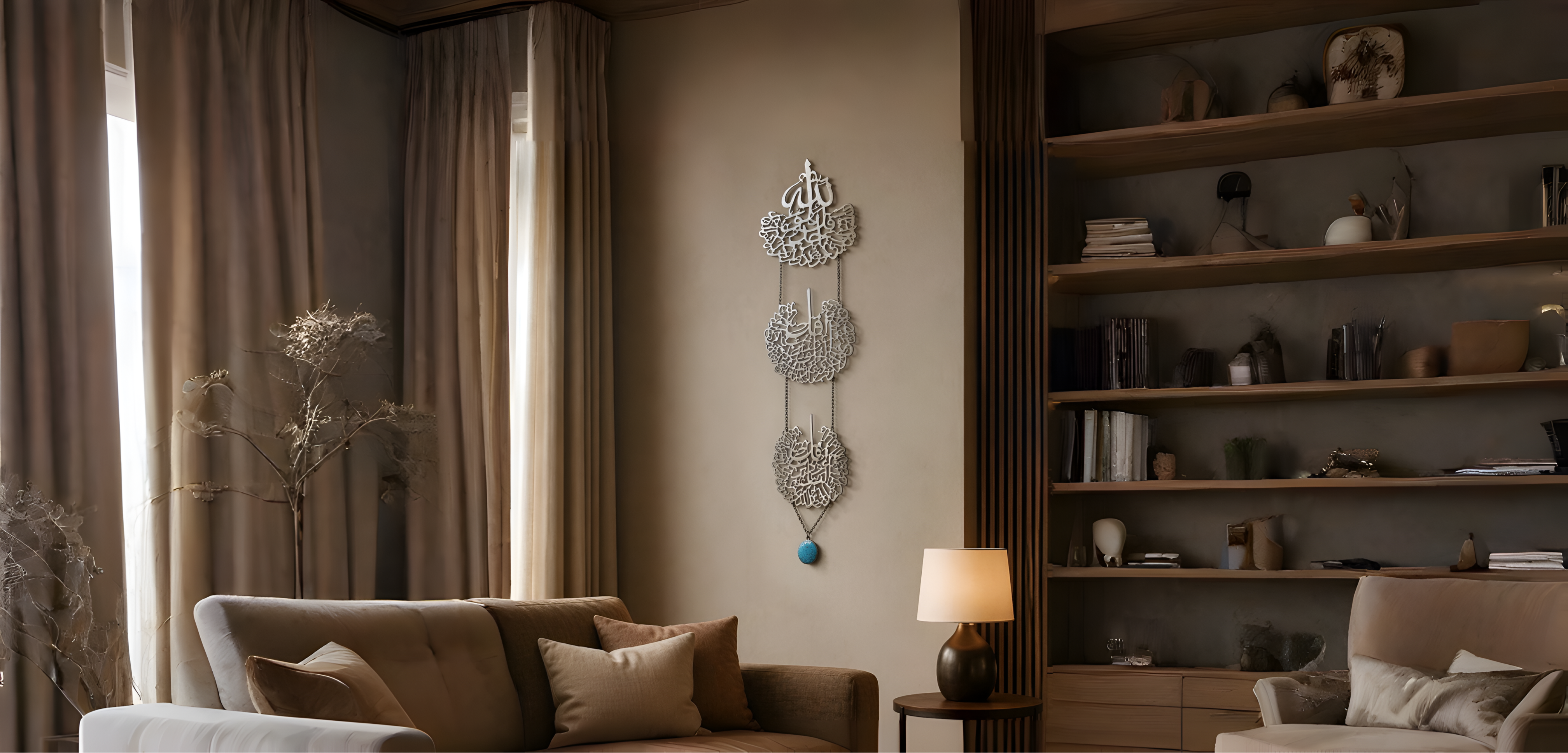 Elegant living room featuring customized sterling silver wall decor, reflecting personalized craftsmanship and timeless home styling by Saad of Egypt.