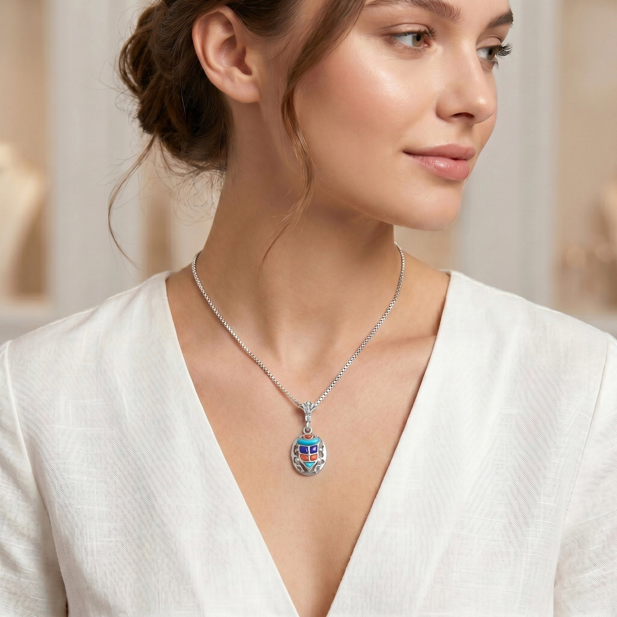 Handcrafted 925 sterling silver layered scarab multi colored pendant by Saad of Egypt, featuring vibrant natural stones in a refined design inspired by ancient Egyptian symbolism, an elegant jewelry piece for women.