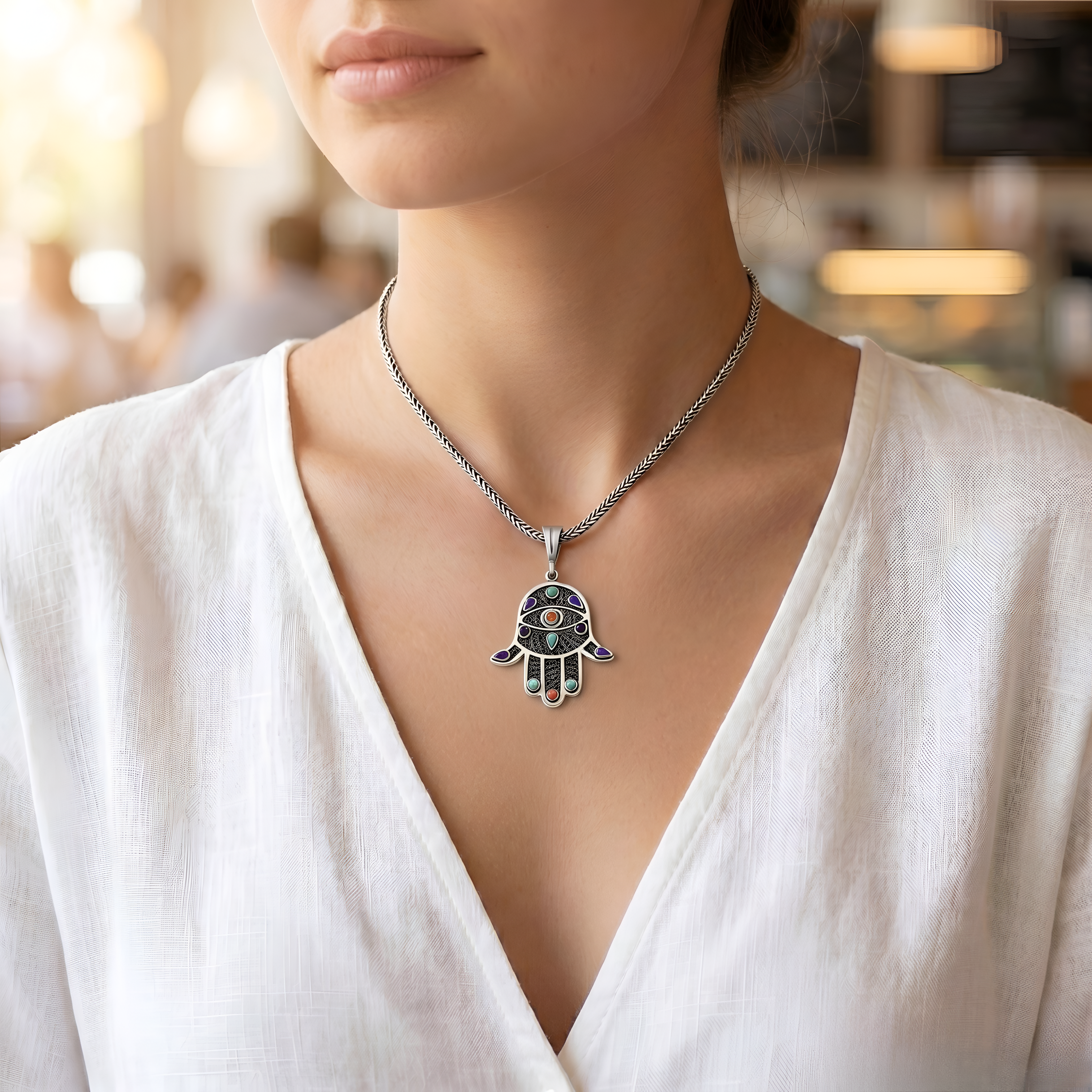 Warm lifestyle shot of a woman wearing a handcrafted 925 sterling silver filigree Kaf Fatma multi-colored pendant, a vibrant women gift designed for everyday elegance by Saad of Egypt.