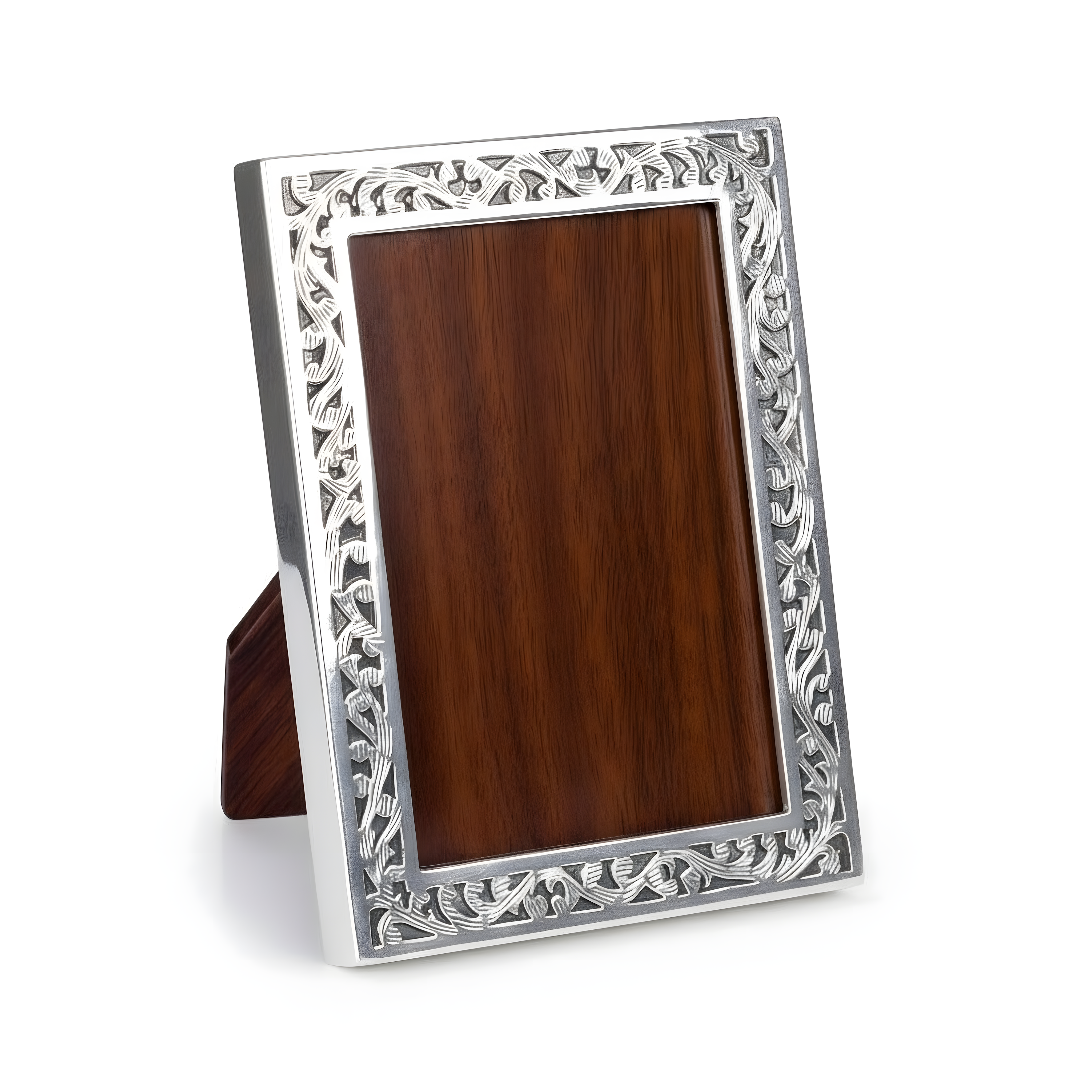 Ajur picture frame with hand-engraved leaf cutout patterns in 900 premium silver. Handcrafted botanical home decoration gift by Saad of Egypt