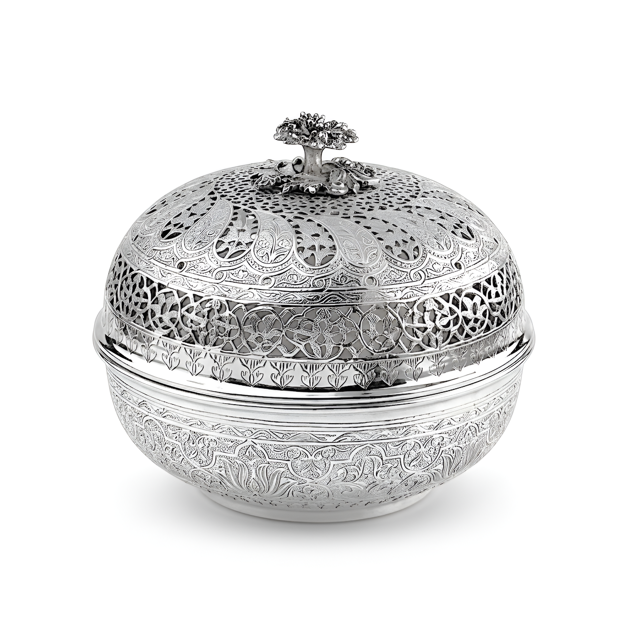 Handcrafted Al-Andalus Sphere Box in 900 premium silver featuring intricate filigree detailing, engraved floral motifs, and a sculpted olive tree accent. Luxurious home décor and elegant gift piece showcasing timeless craftsmanship by Saad of Egypt.