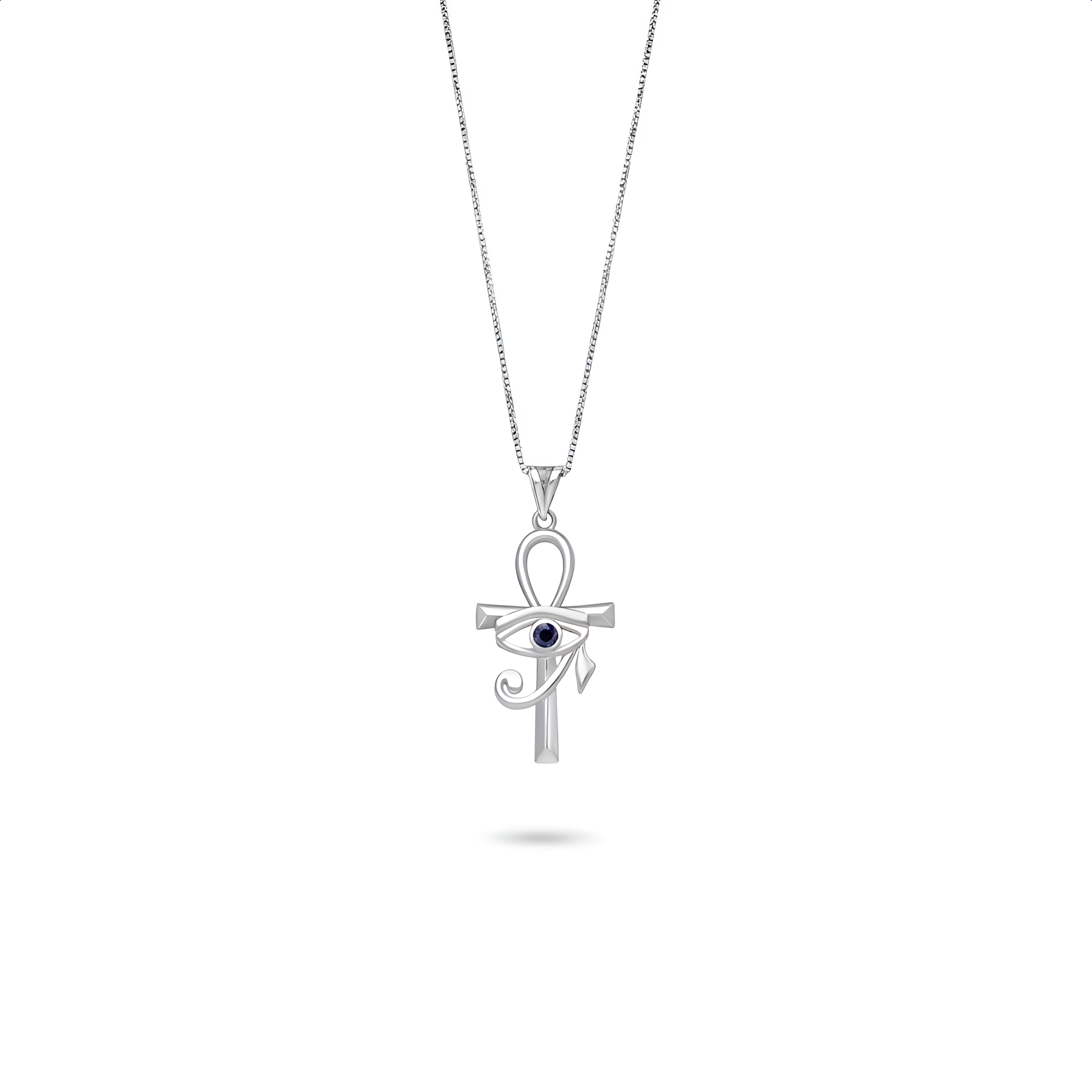 A distinctive 925 sterling silver pendant combining the ankh and Eye of Horus, accented with an amethyst stone that adds depth and symbolism, designed to reflect protection, balance, and timeless Egyptian heritage, a unique jewelry gift for women by Saad of Egypt.