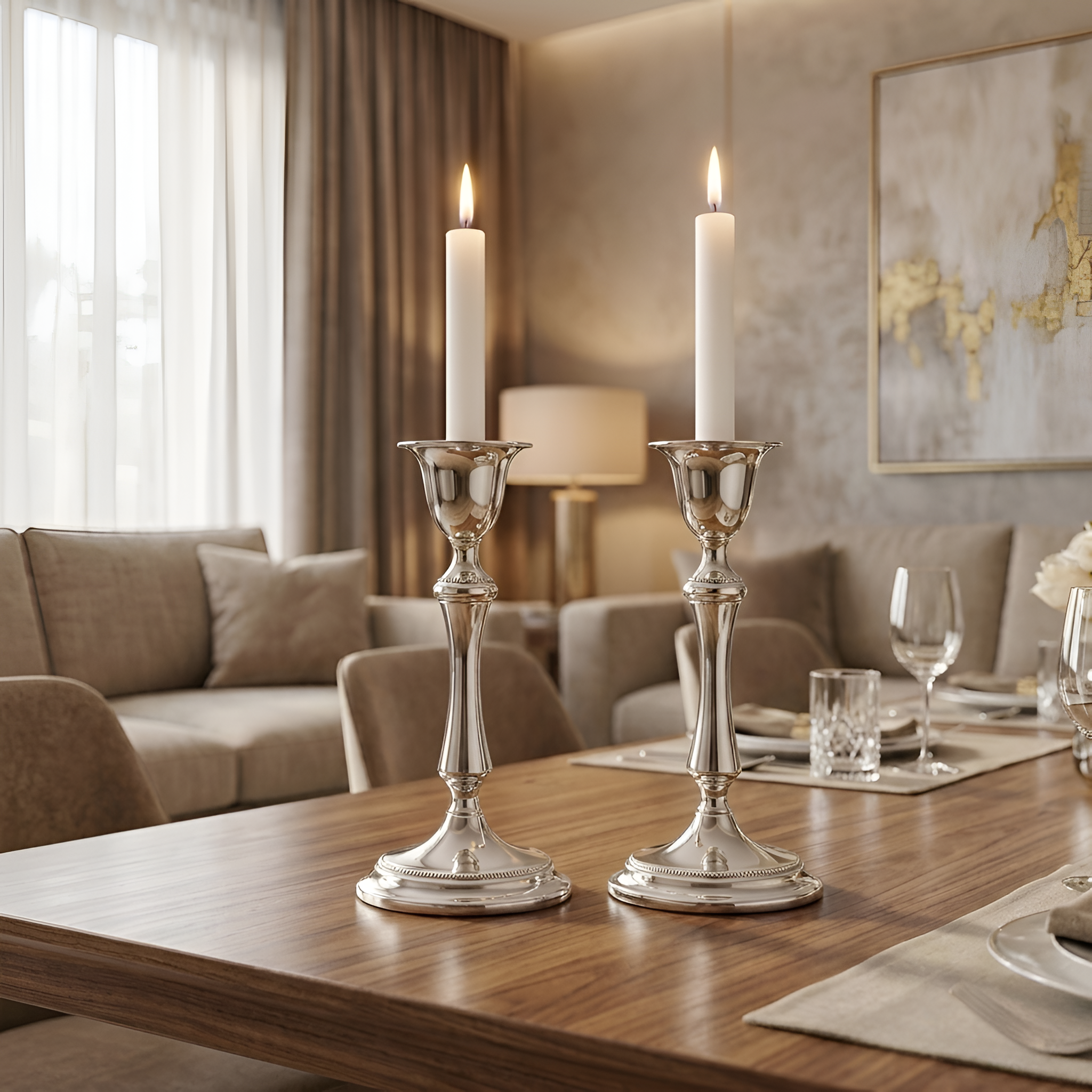 Luxury lifestyle image of handcrafted Argent Single Glow candle holders in 900 premium silver styled on elegant dining table with glowing candles, creating a warm sophisticated ambiance. Timeless home décor gift by Saad of Egypt.