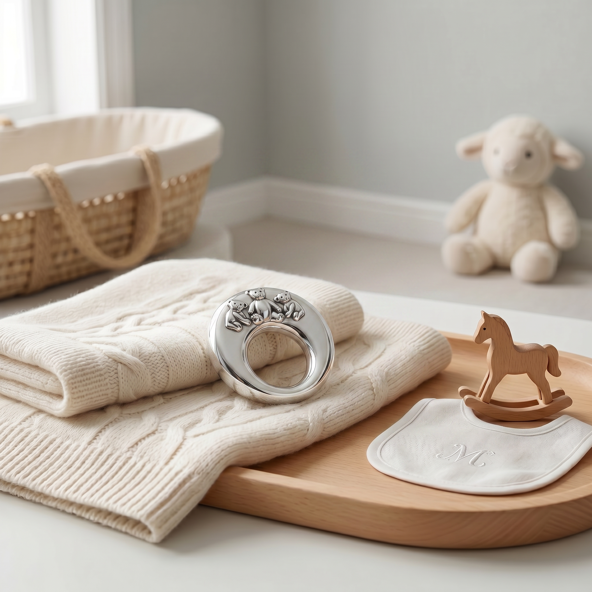 Luxury 900 premium silver baby rattler handcrafted with elegant decorative details, designed as a timeless newborn keepsake by Saad of Egypt