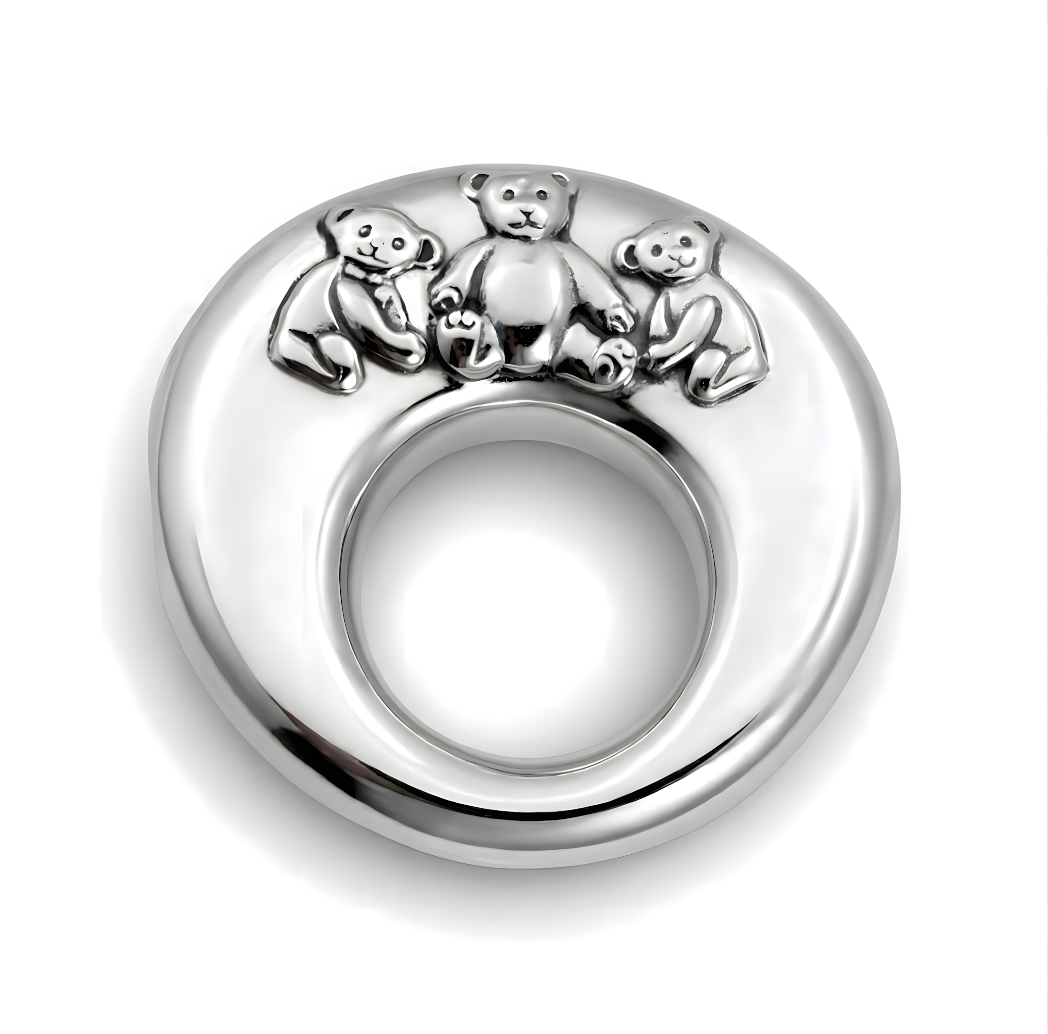A delicately crafted baby rattler in 900 premium silver featuring charming teddy bear details, designed with a smooth polished finish, a timeless handcrafted baby gift.