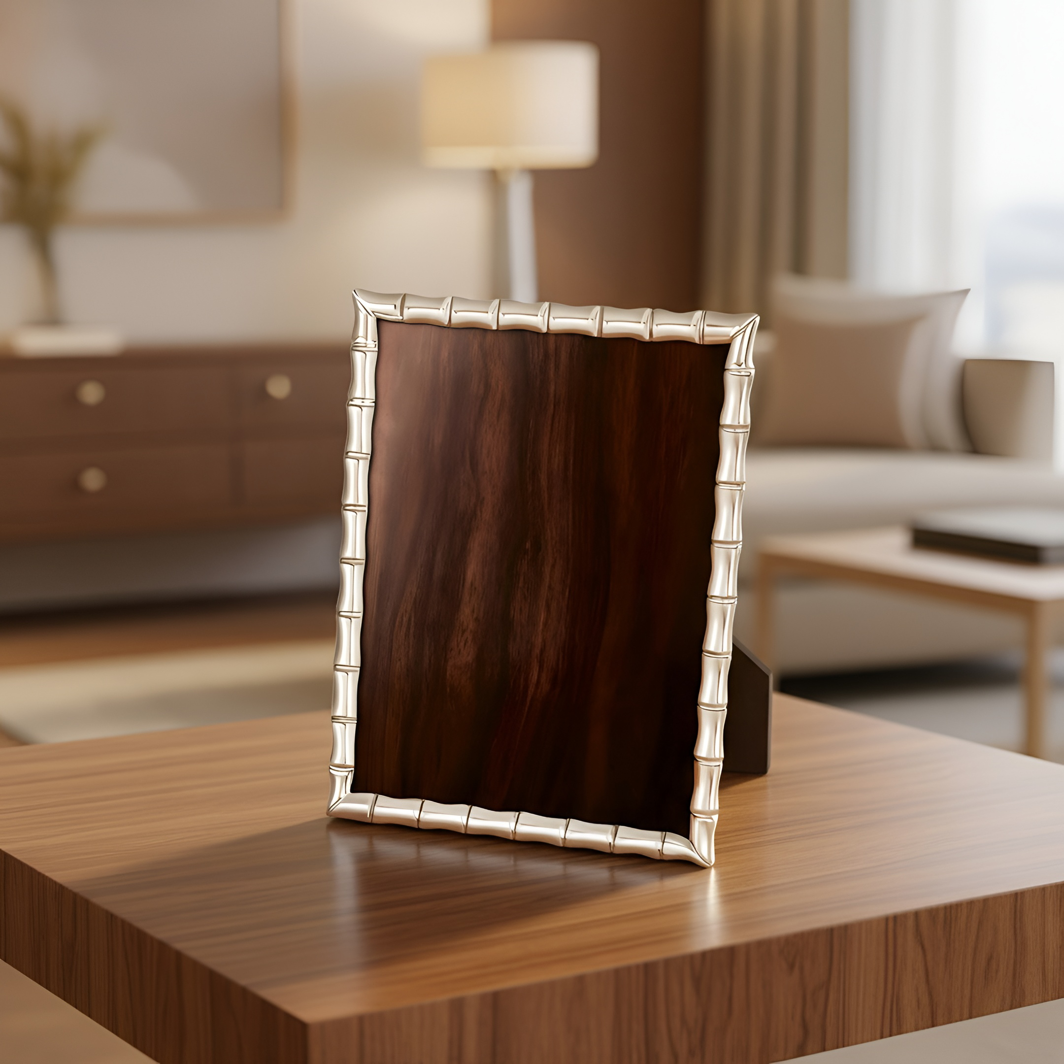 Luxury Bamboo picture frame by Saad of Egypt crafted in 900 premium silver displayed elegantly in a refined contemporary living space.