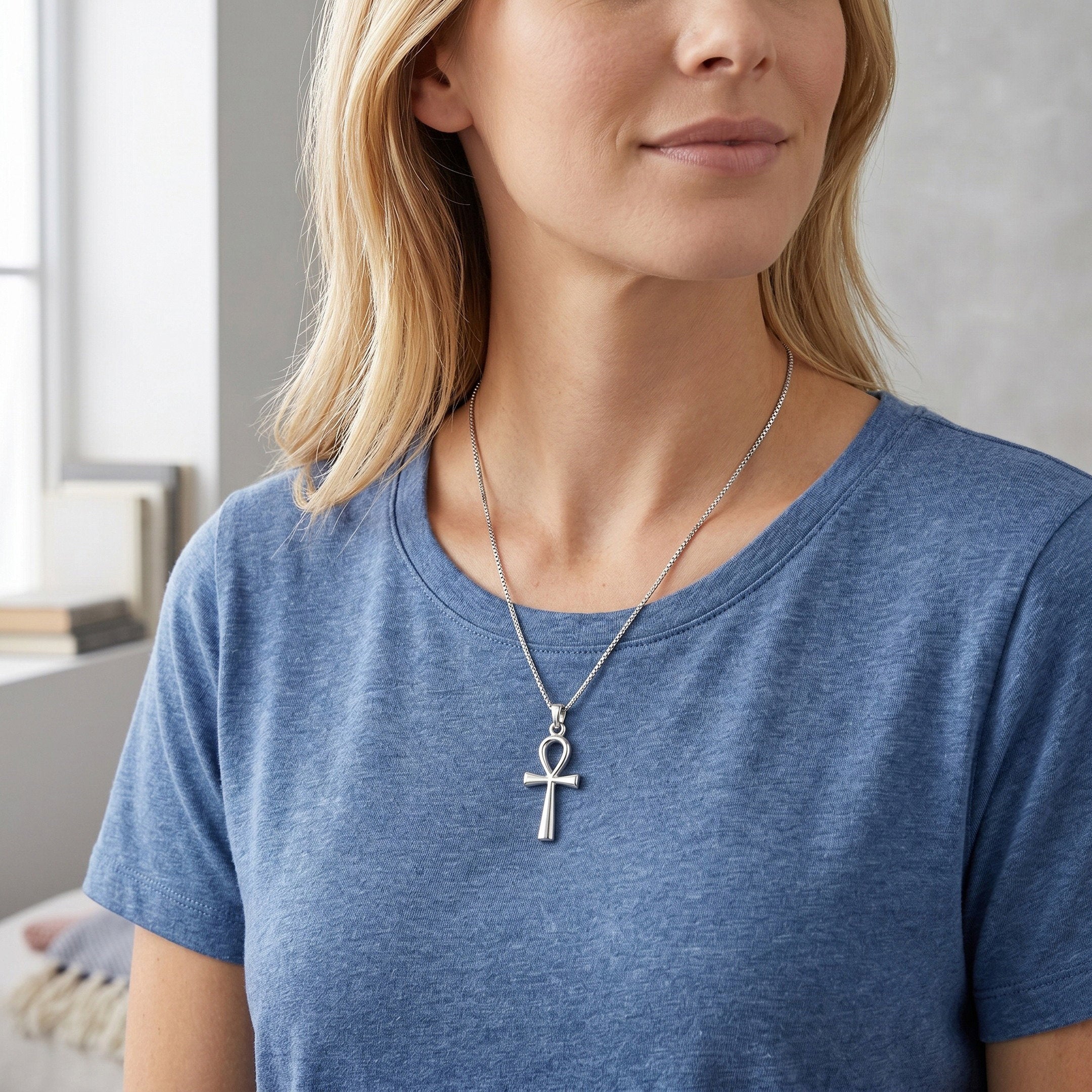 Lifestyle Bold Key of Life pendant in 925 sterling silver featuring a sleek Ankh design worn as an elegant statement necklace. Timeless women’s jewelry and meaningful gift crafted by Saad of Egypt.