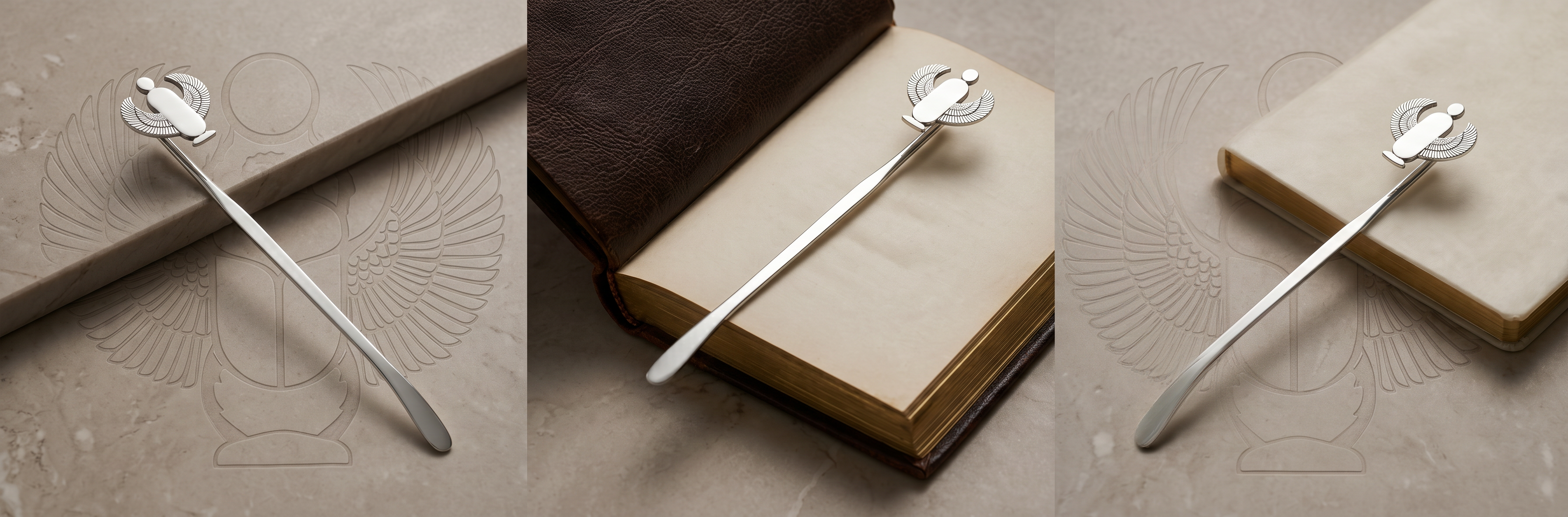Elegant 925 sterling silver bookmarks by Saad of Egypt featuring refined handcrafted designs styled with luxury books and premium stationery.