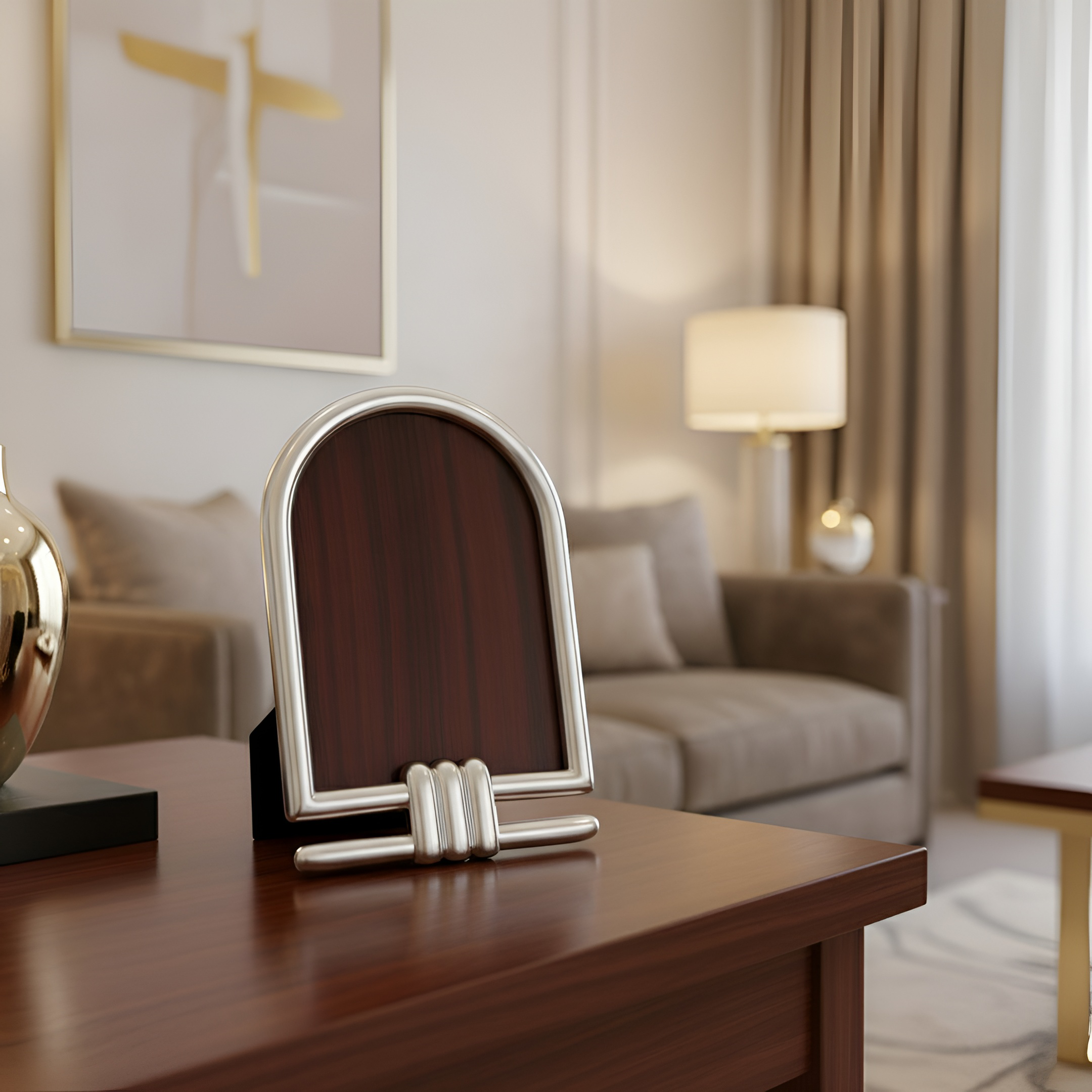 Elegant Cartouche picture frame by Saad of Egypt crafted in 900 premium silver showcased in a sophisticated modern interior setting.