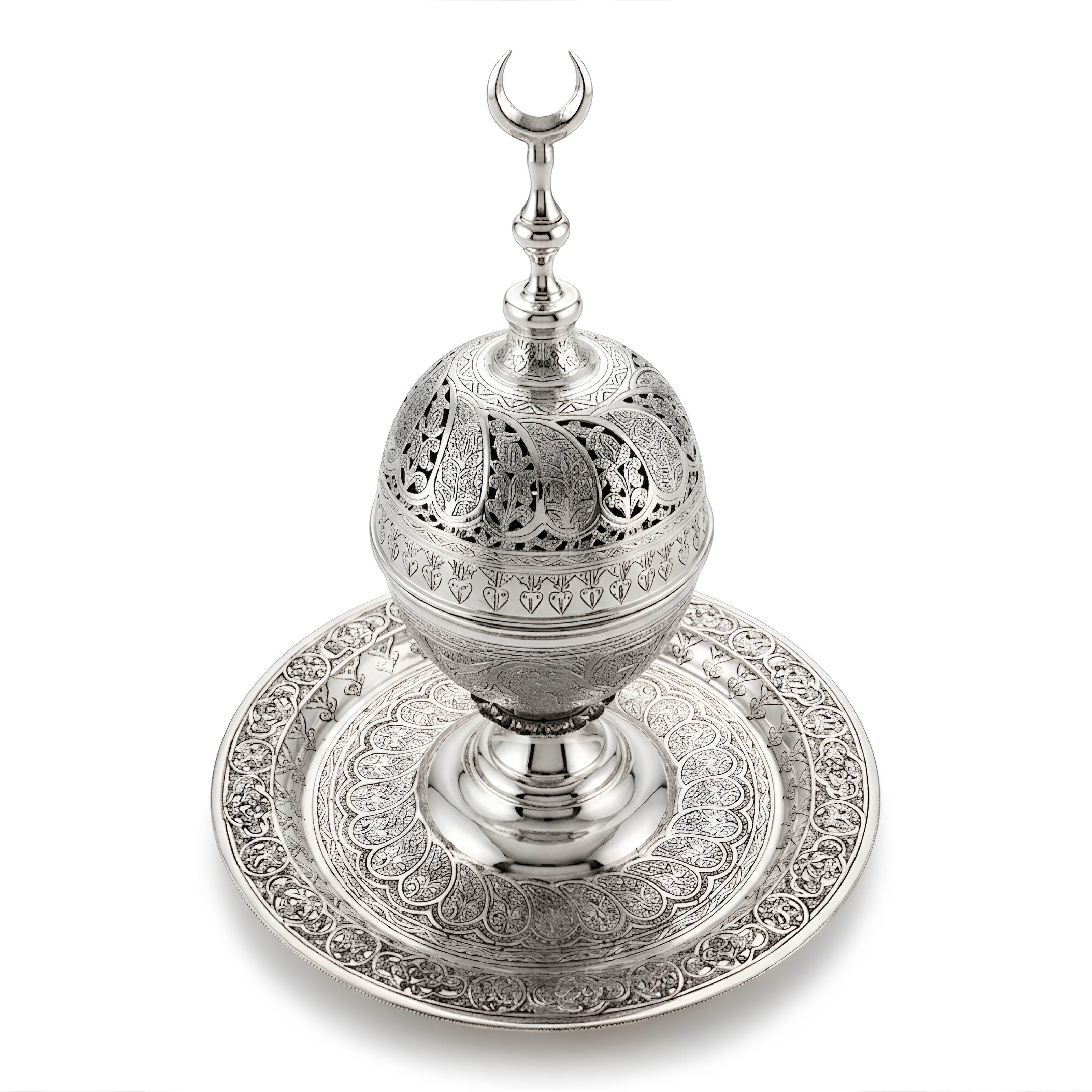 Angled view of the celestial silver incense burner featuring ornate handcrafted engravings and traditional Egyptian artistry, ideal as a sophisticated luxury silver gift.