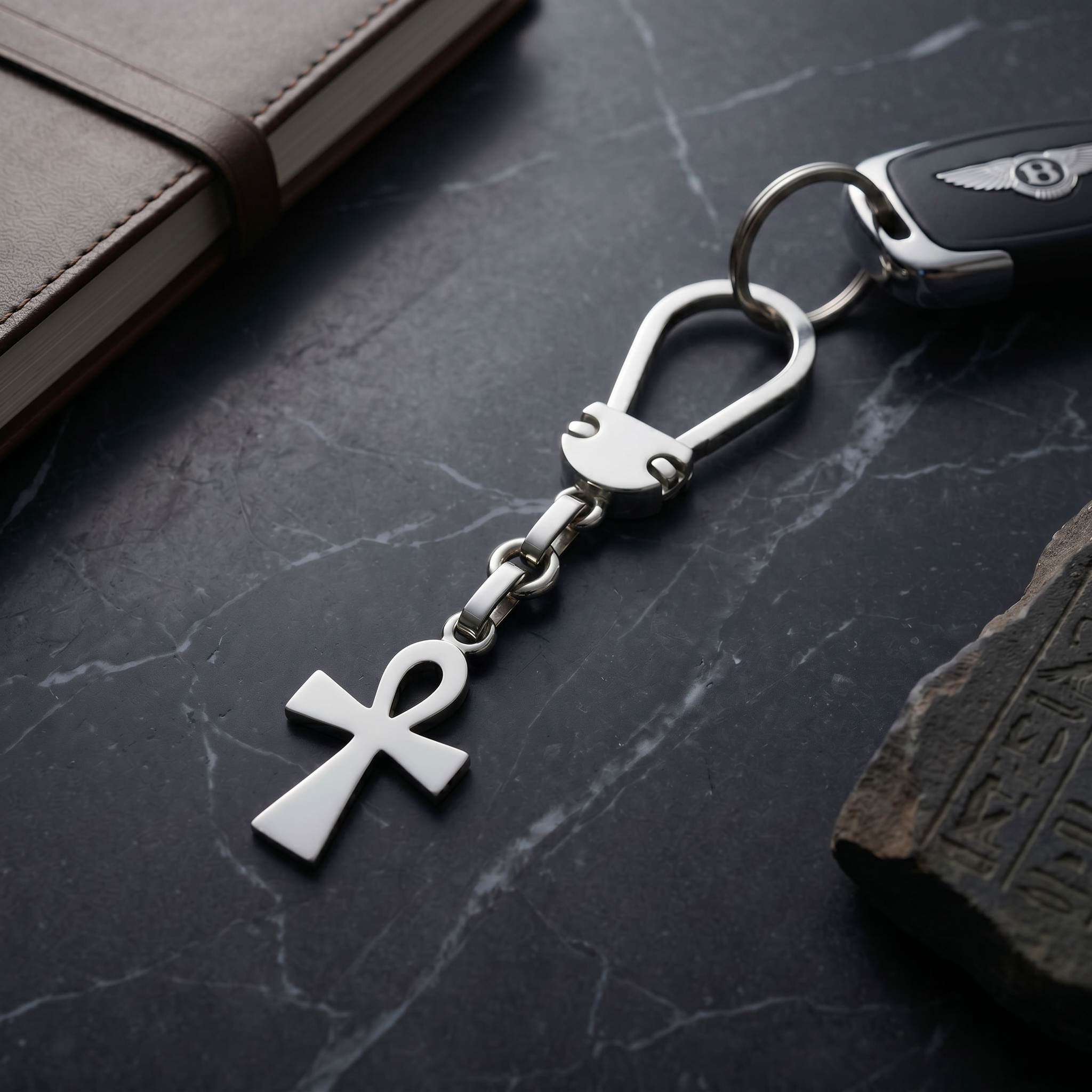 Handcrafted 925 sterling silver keychain featuring the classic ancient Egyptian key of life symbol, designed as a meaningful luxury gift by Saad of Egypt.