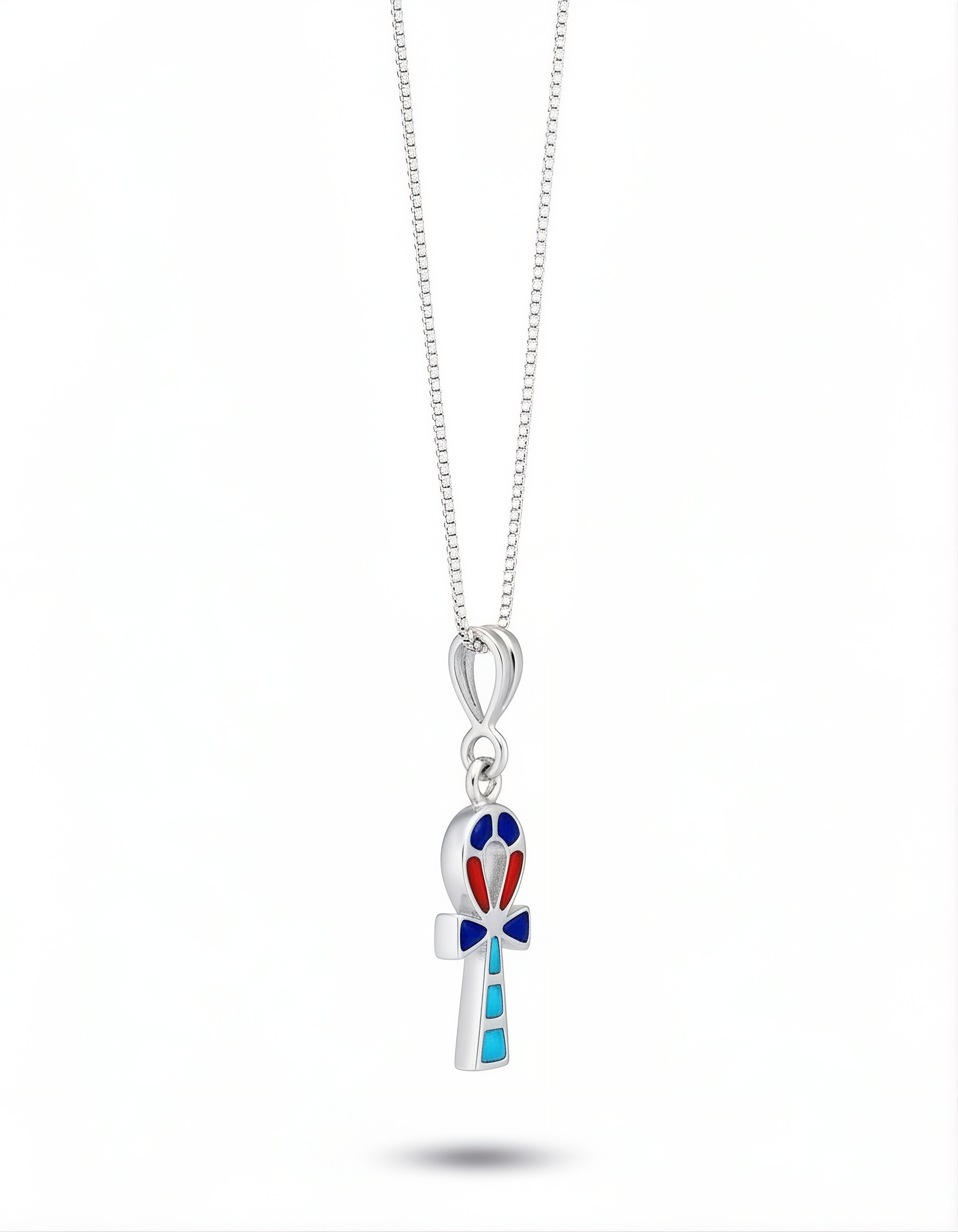 Angled view of 925 sterling silver Key of Life pendant showing multi-colored gemstone inlay depth. Handcrafted Egyptian ankh jewelry gift for women by Saad of Egypt