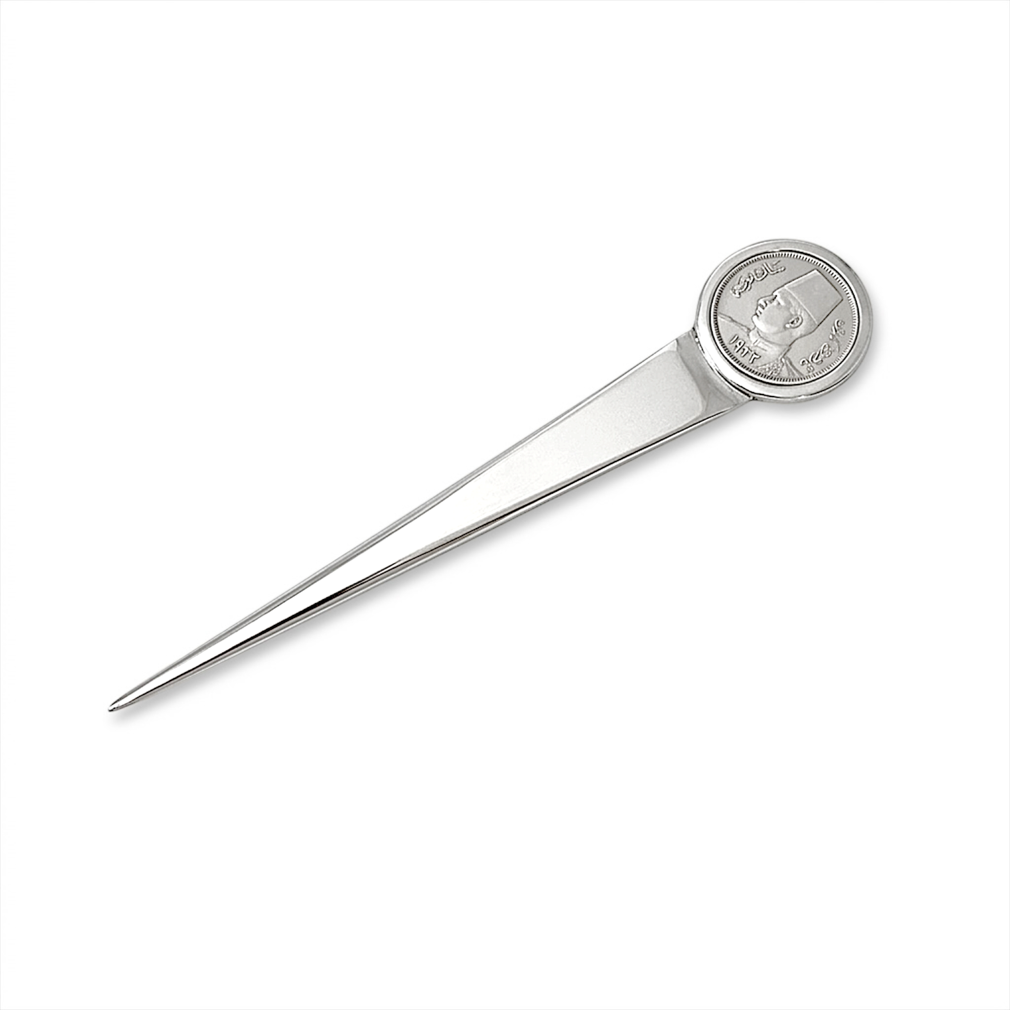 Handcrafted King Farouk letter opener in 925 sterling silver featuring an elegant sleek design with historic King Farouk coin detail. Refined corporate gift and sophisticated desk accessory showcasing timeless craftsmanship by Saad of Egypt.