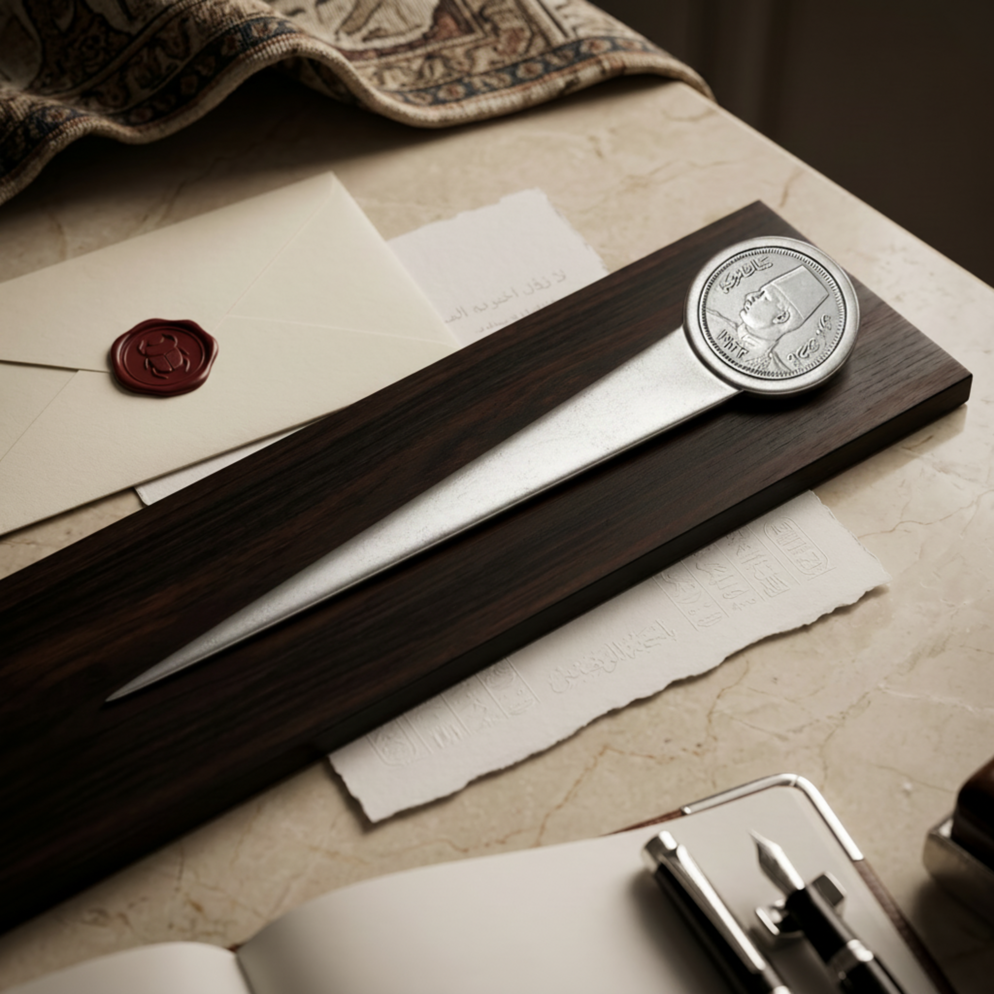Luxury 925 sterling silver letter opener inspired by King Farouk heritage, handcrafted with royal details for elegant office and desk décor by Saad of Egypt.