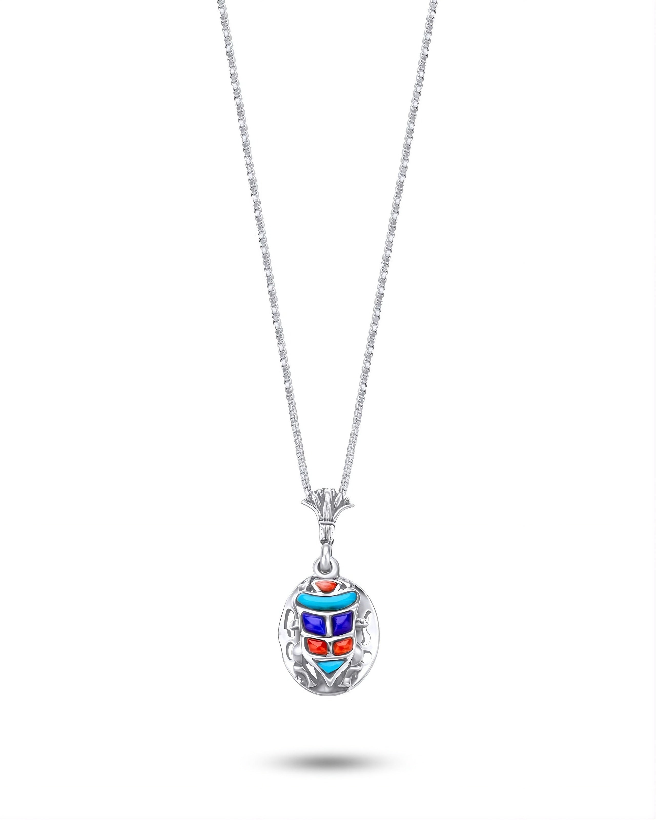 Layered scarab pendant in 925 sterling silver with lapis lazuli, turquoise, and coral gemstones. Handcrafted Pharaonic women's gift by Saad of Egypt