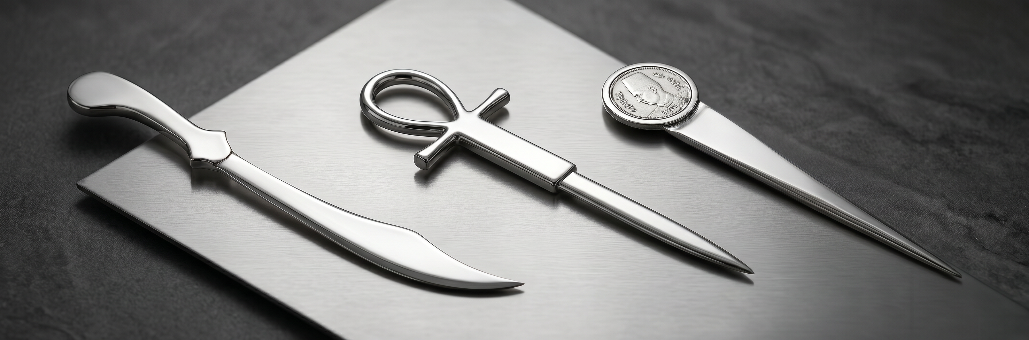 Luxury premium sterling silver letter openers by Saad of Egypt featuring elegant handcrafted designs inspired by heritage symbols and refined desk accessories.