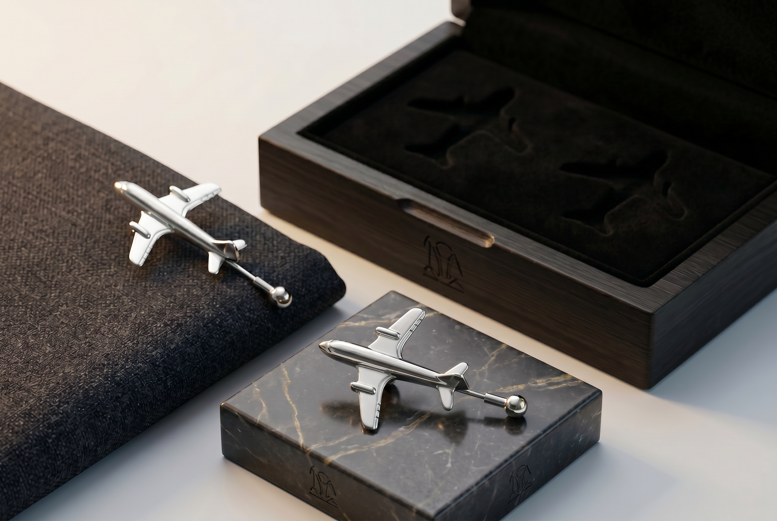 Premium 925 sterling silver airplane lapel pins by Saad of Egypt displayed with luxurious presentation boxes. Sophisticated men’s accessories inspired by travel and contemporary elegance with refined craftsmanship.