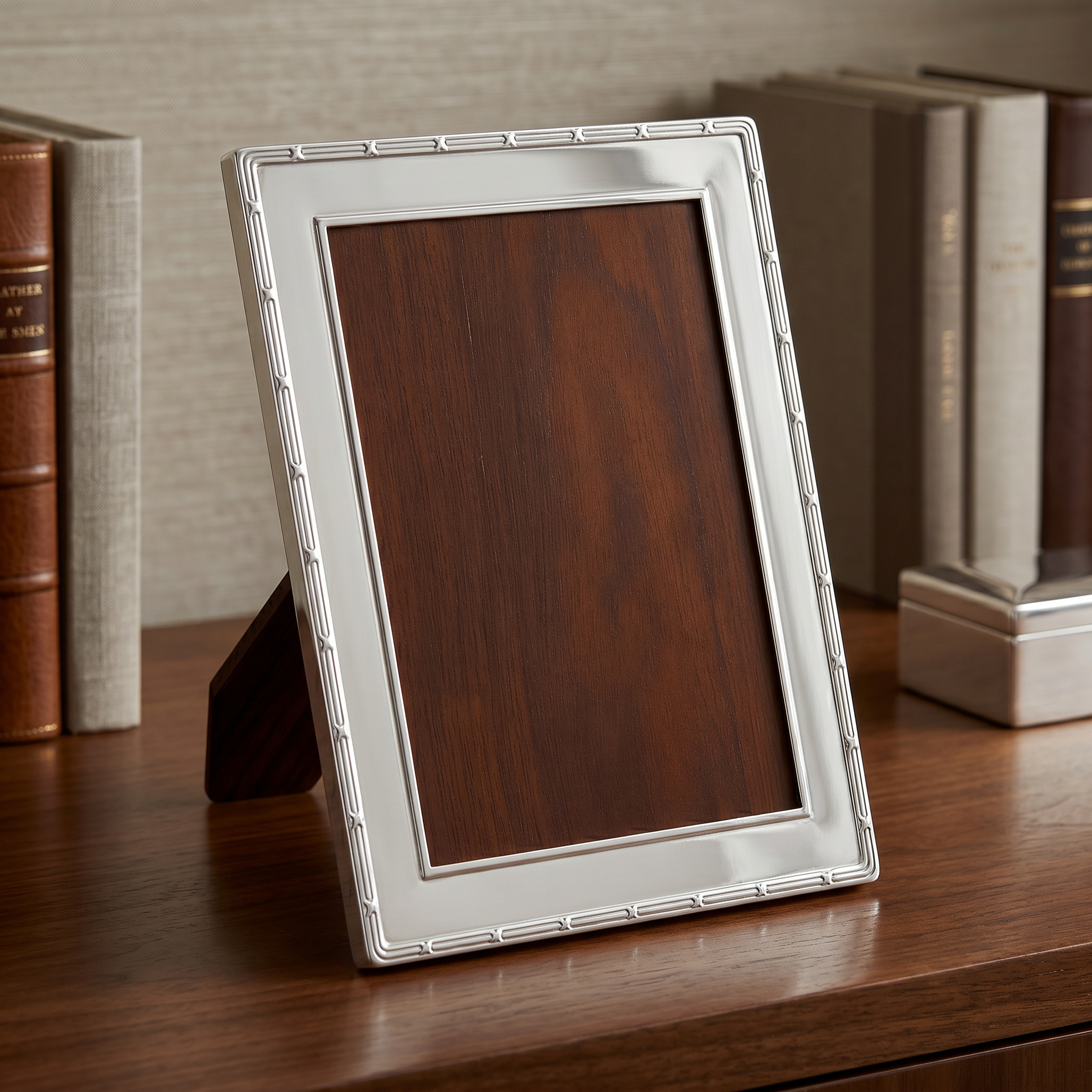 Elegant handcrafted 900 premium silver picture frame with subtle ribbon-inspired detailing, designed for sophisticated home décor and luxury gifting by Saad of Egypt.