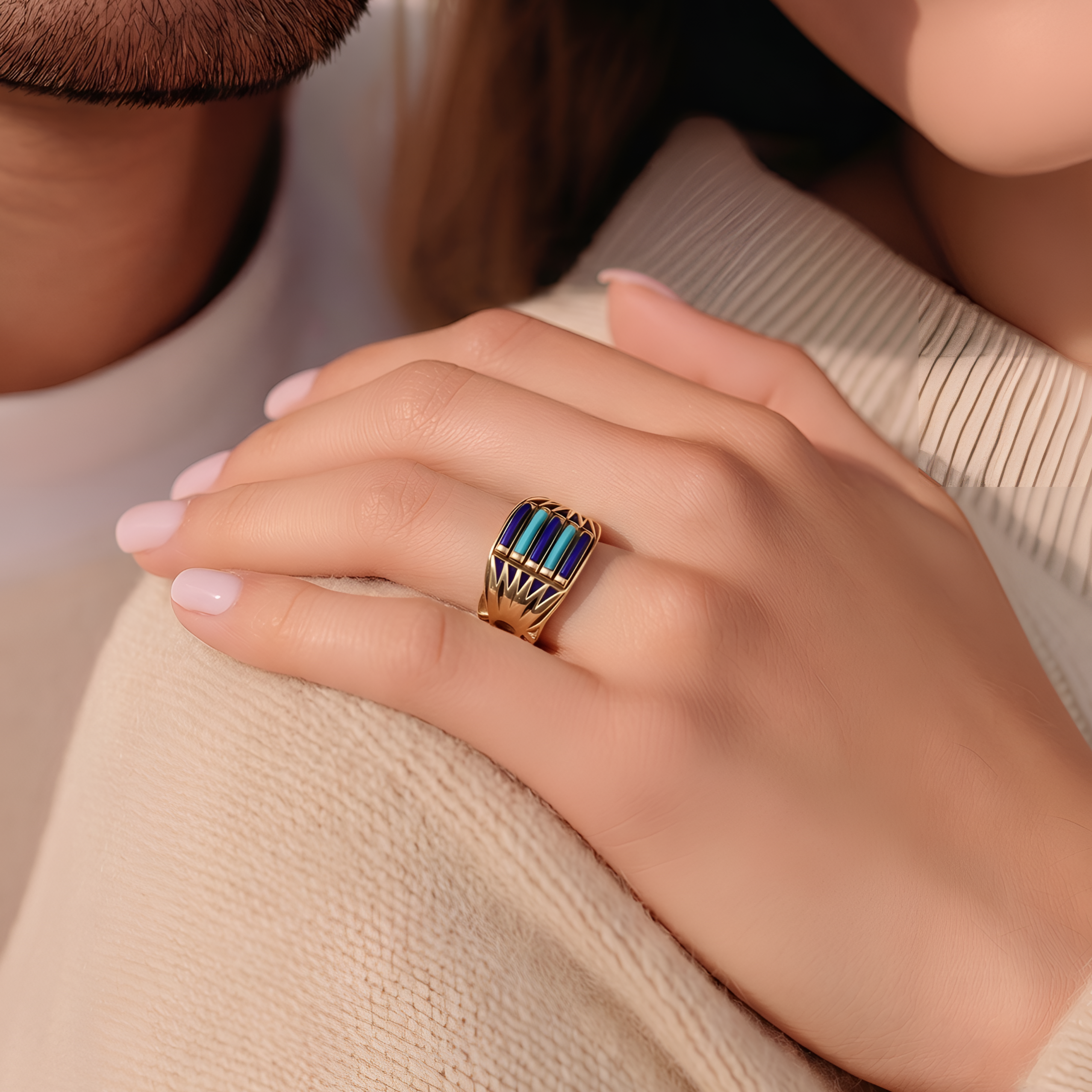 Bold gold plated ring inspired by the lotus flower, highlighted with colorful stones that add a vibrant and luxurious touch, a standout jewelry gift for women by Saad of Egypt