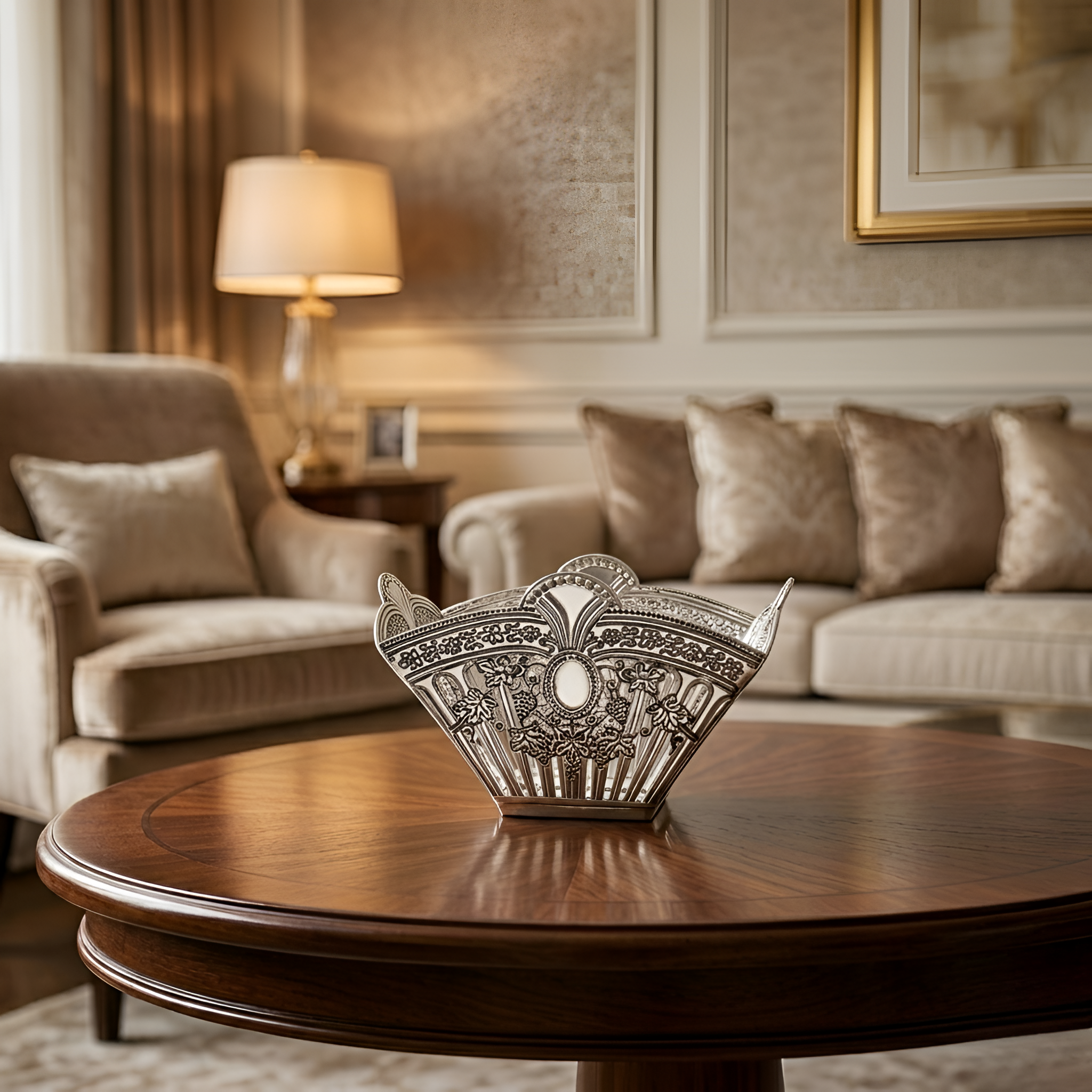 Royal silver serving bowl styled in an elegant luxury living room setting showcasing timeless handcrafted silver home décor and sophisticated gifting by Saad of Egypt.
