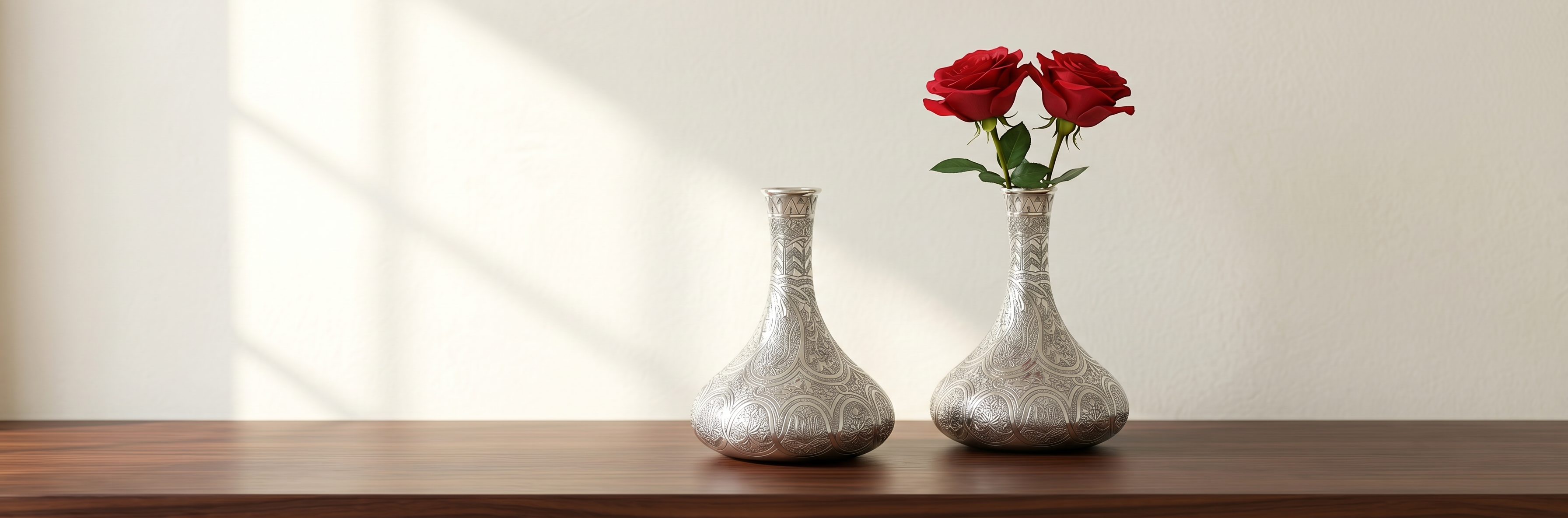 Elegant 900 premium silver vases by Saad of Egypt featuring intricate craftsmanship and timeless decorative luxury styled with fresh red roses.

