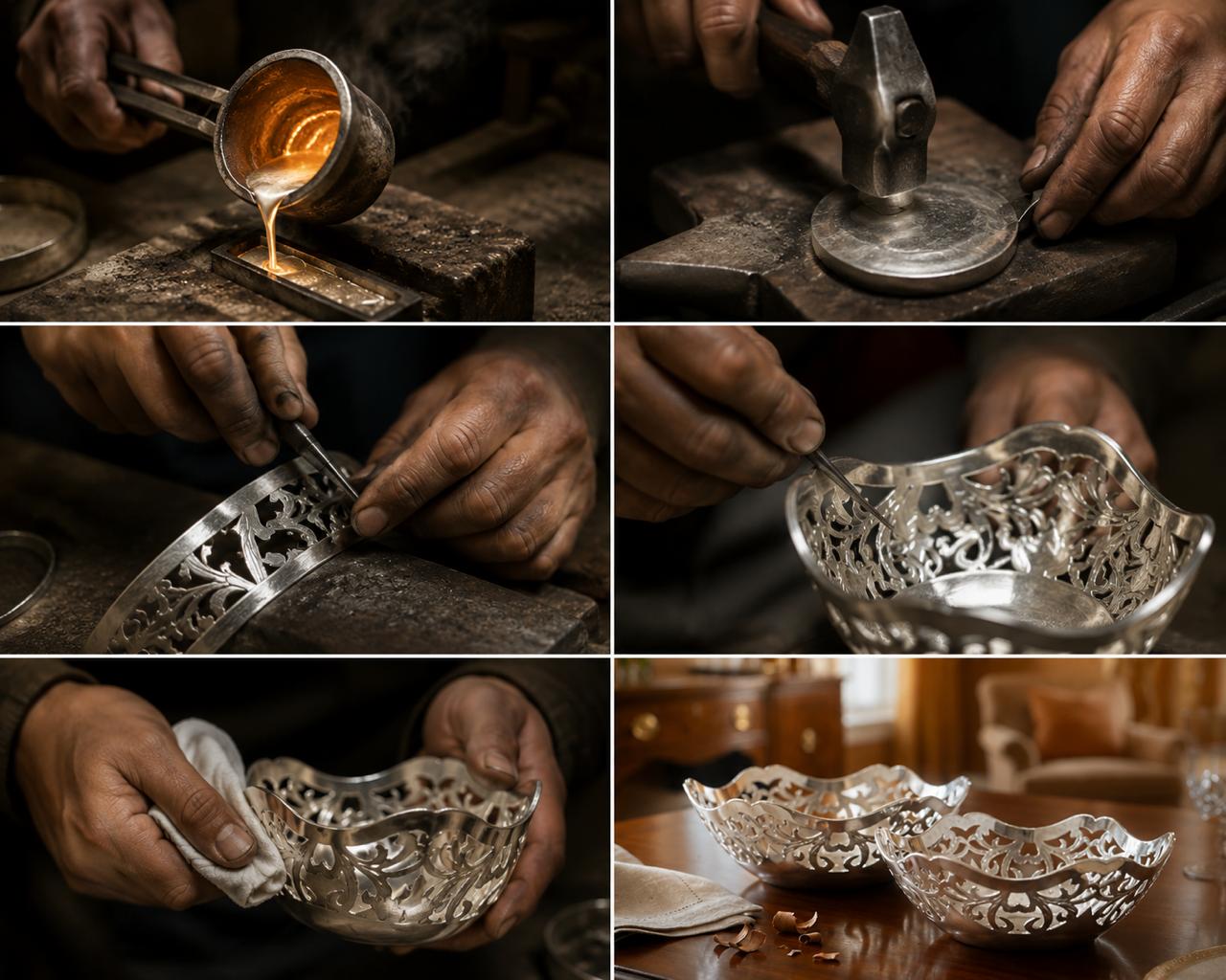Handcrafted small ajur bowl in 900 premium silver showcasing intricate openwork detailing and traditional silversmith craftsmanship through every stage of creation. Elegant decorative silver piece by Saad of Egypt blending heritage artistry with timeless luxury.