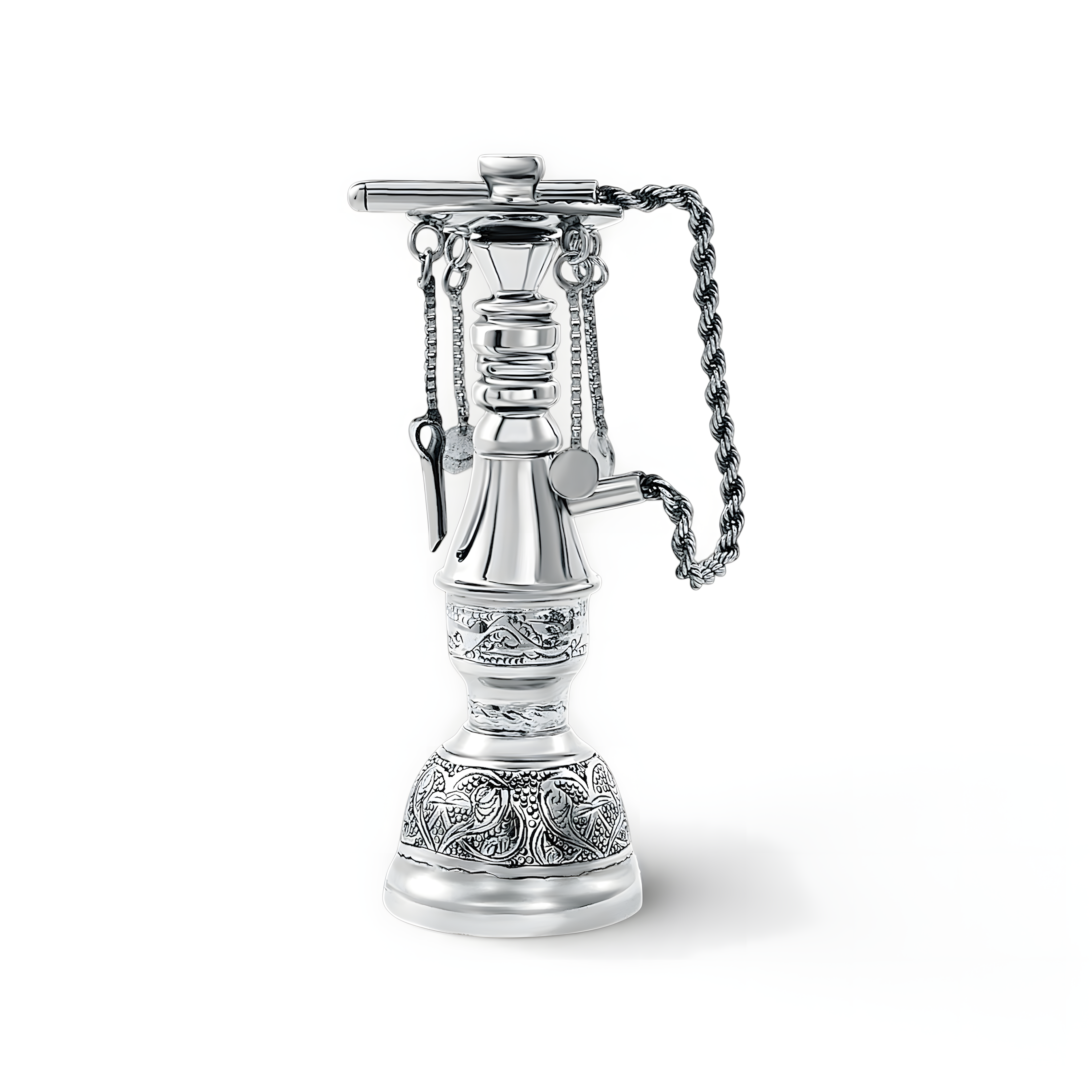 Handcrafted silver grade 900 Shisha with ornate Arabic calligraphy engravings, authentic Egyptian home décor gift by Saad of Egypt