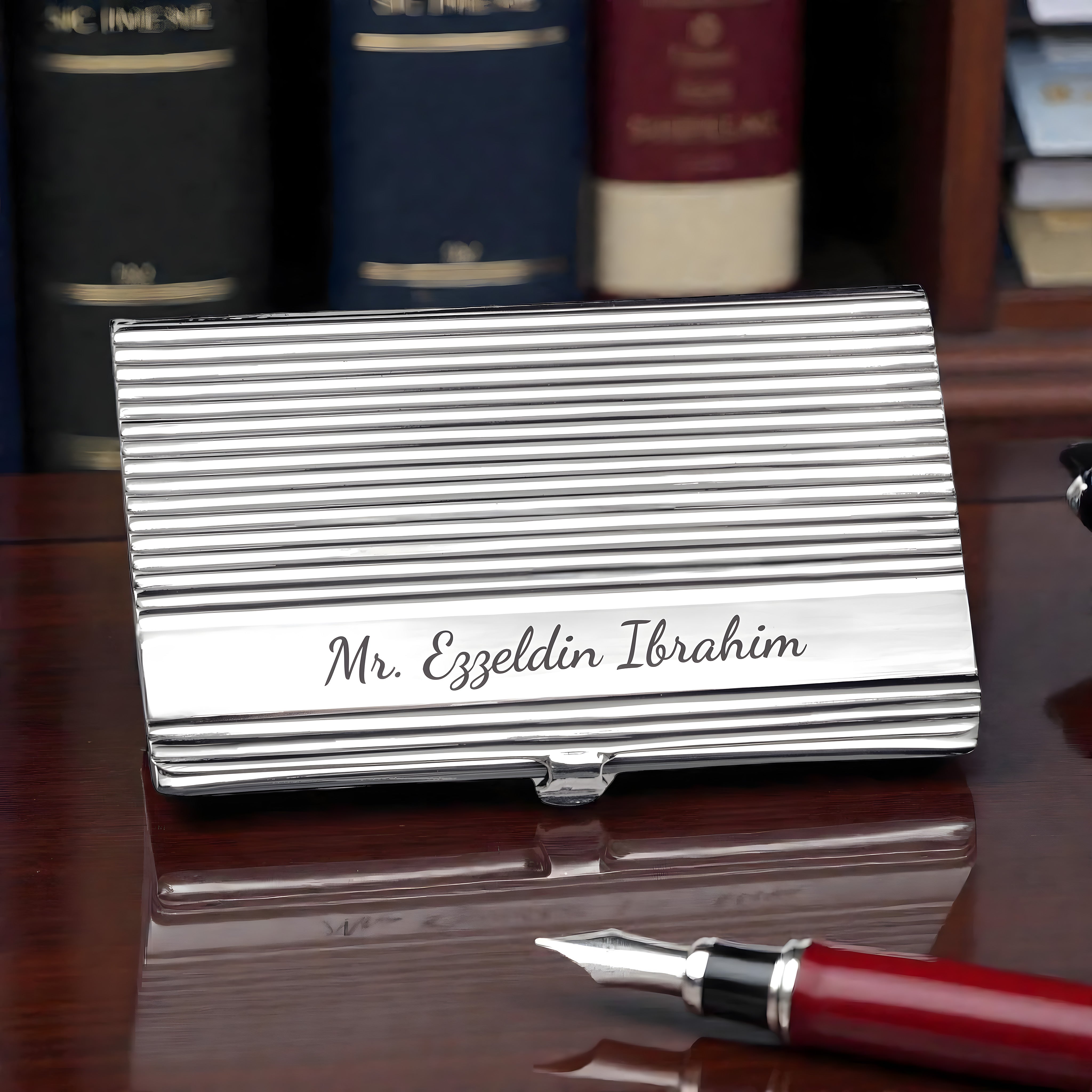 Front view of handmade 925 sterling silver Striped Business card holder showing cards storage, a meaningful men's accessory gift by Saad of Egypt