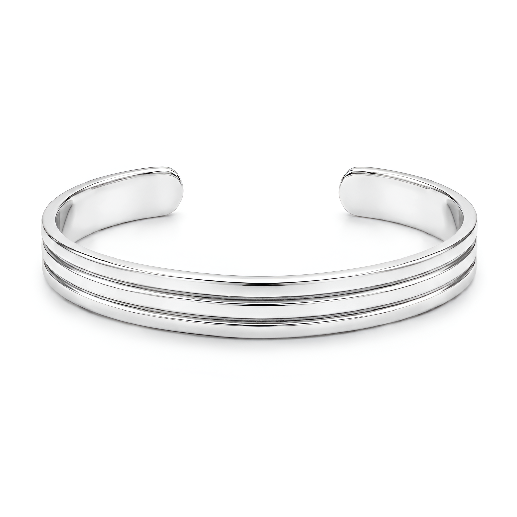 Minimalist handcrafted 925 sterling silver men’s cuff bracelet featuring sleek groove-inspired detailing and a polished modern finish, designed for masculine sophistication, versatile styling, and luxury silver gift collections by Saad of Egypt.