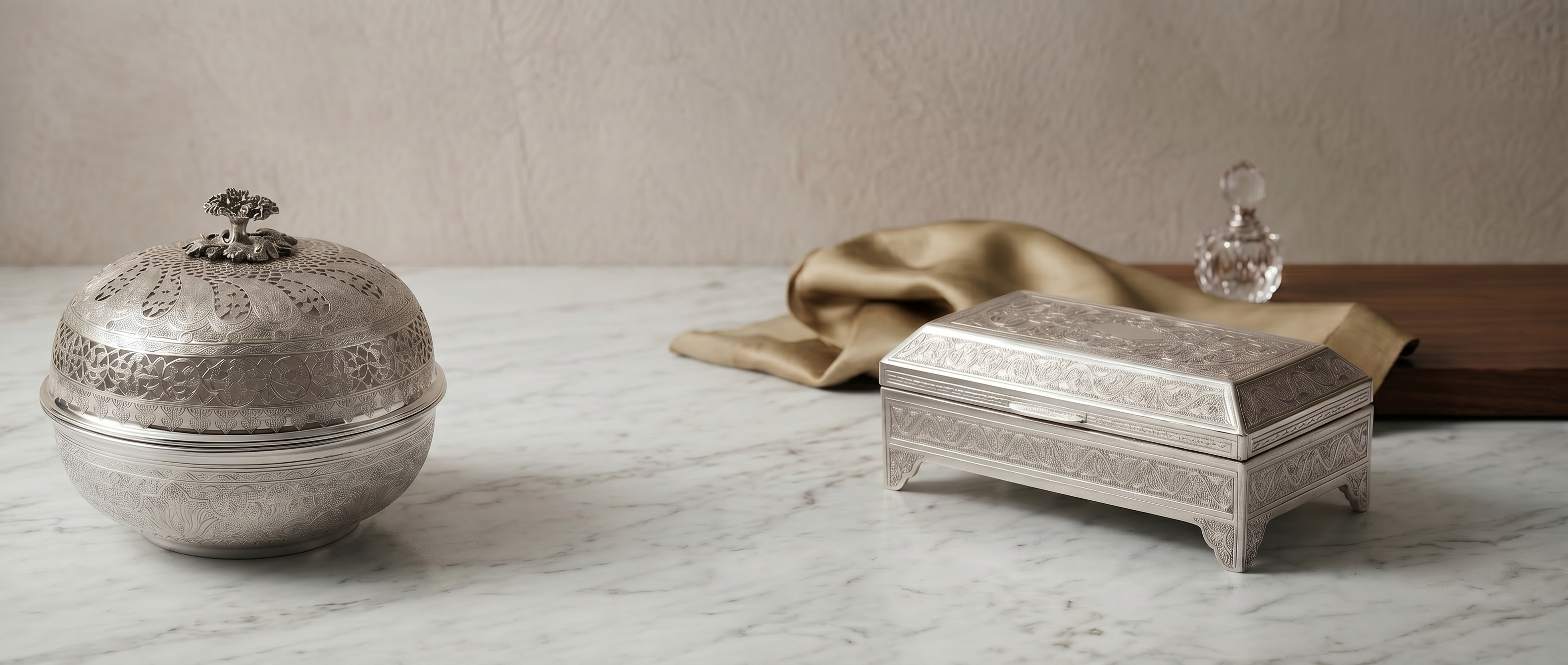 Intricately crafted sterling silver boxes by Saad of Egypt blending timeless Egyptian artistry with refined luxury home decor.