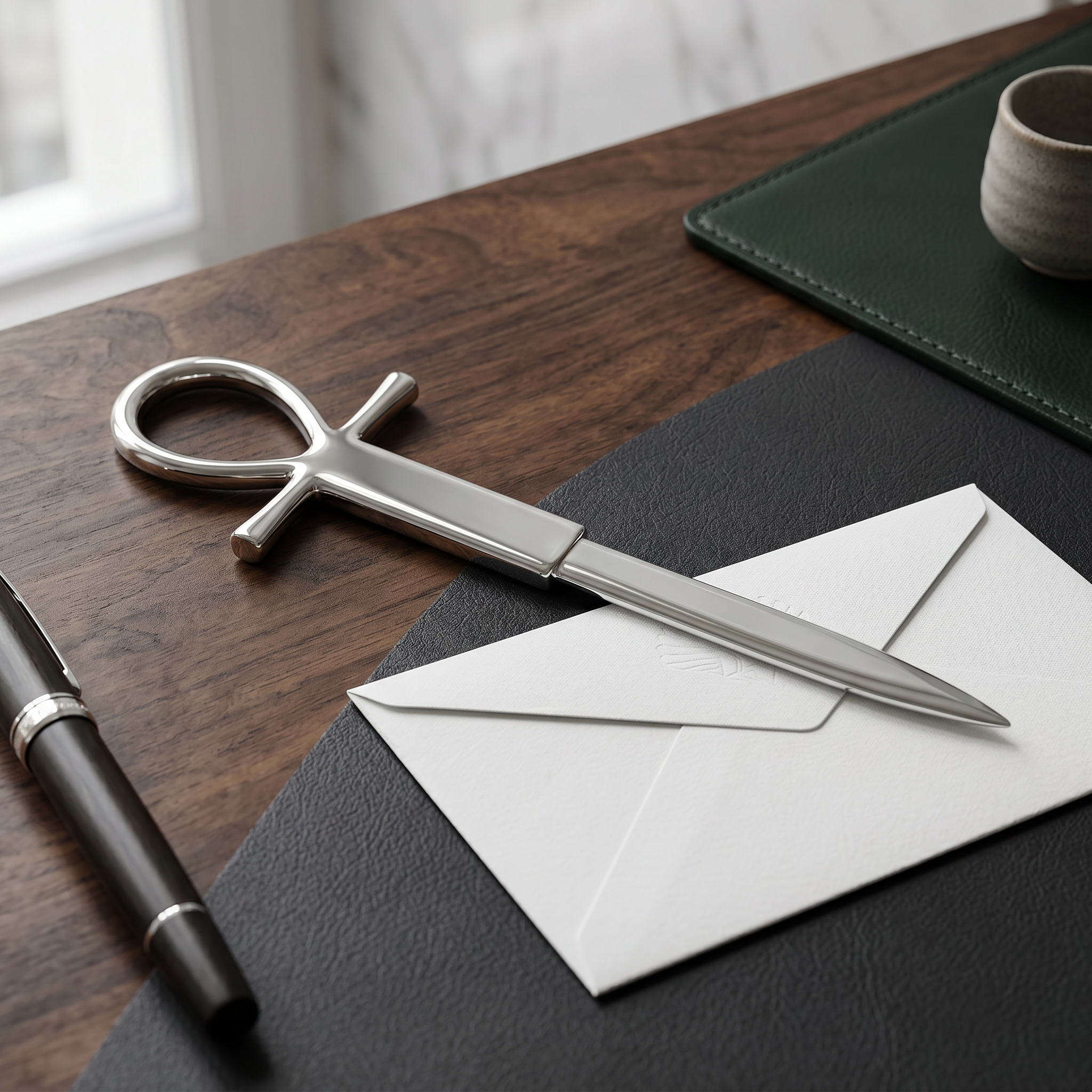 Handcrafted 925 sterling silver letter opener featuring the classic ankh symbol, blending ancient Egyptian heritage with elegant office décor by Saad of Egypt.